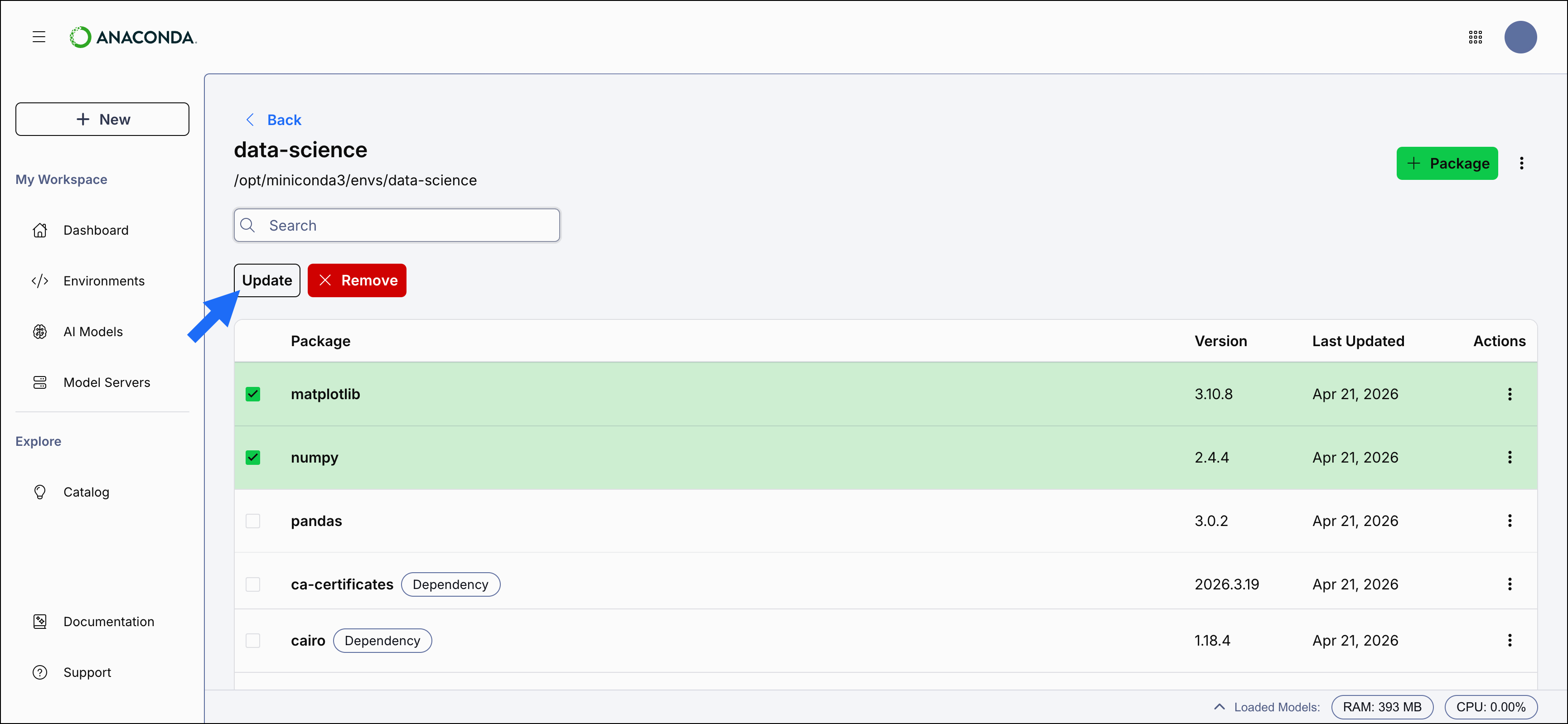 Anaconda Desktop showing the update multiple packages button and search box