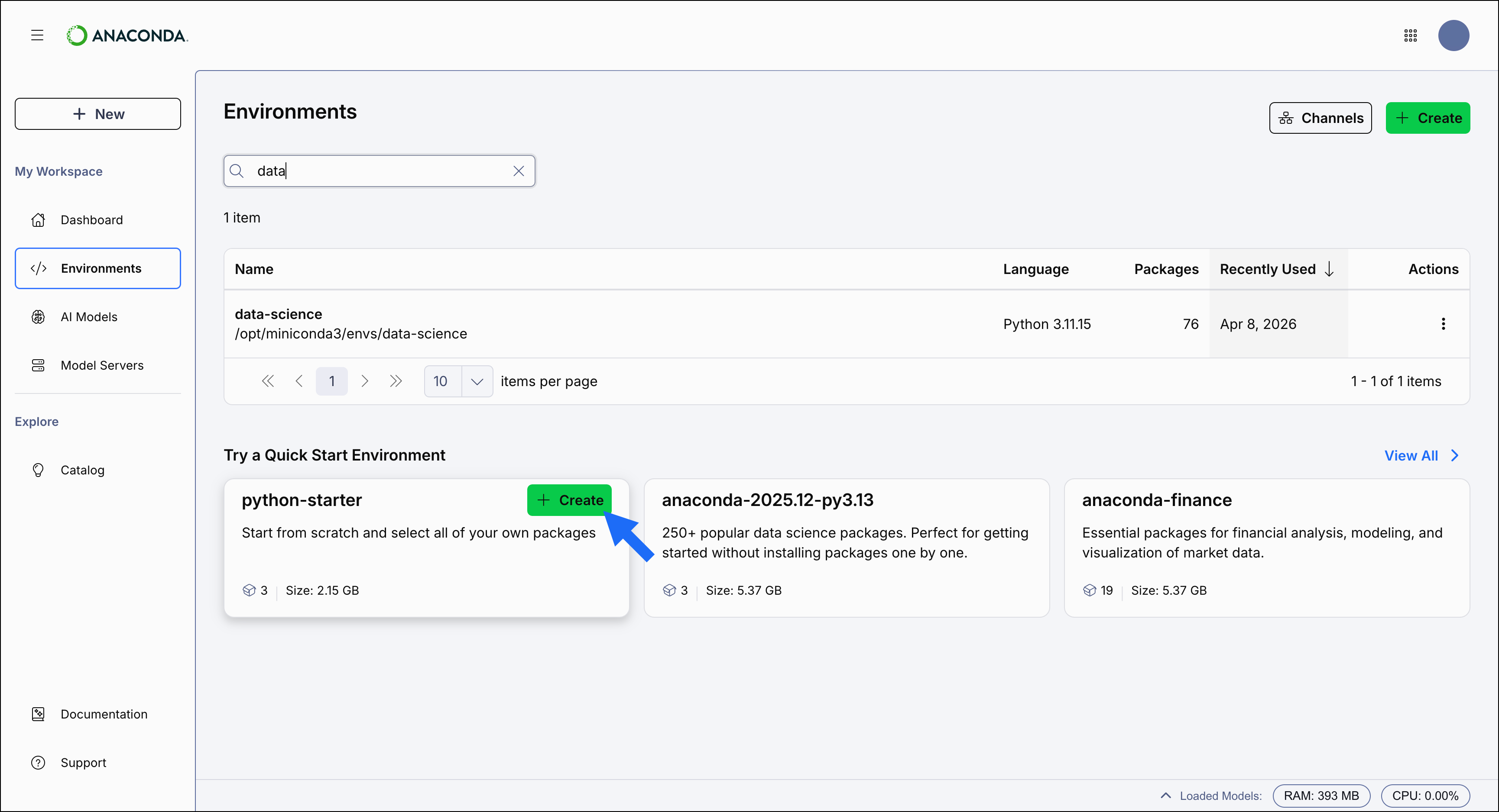 Anaconda Desktop showing the create button for the anaconda-finance quick start environment card