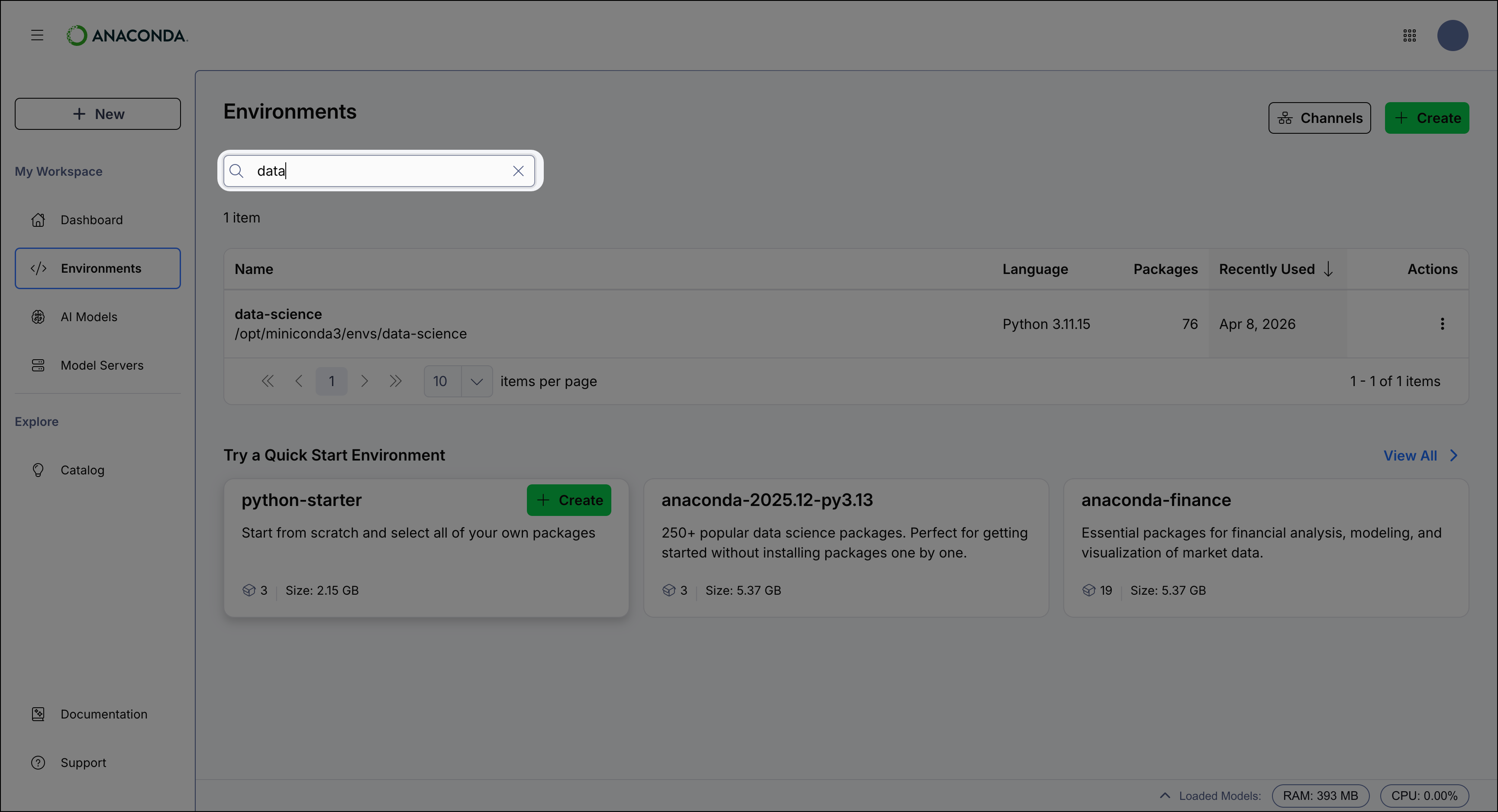 Anaconda Desktop showing the search box for environments