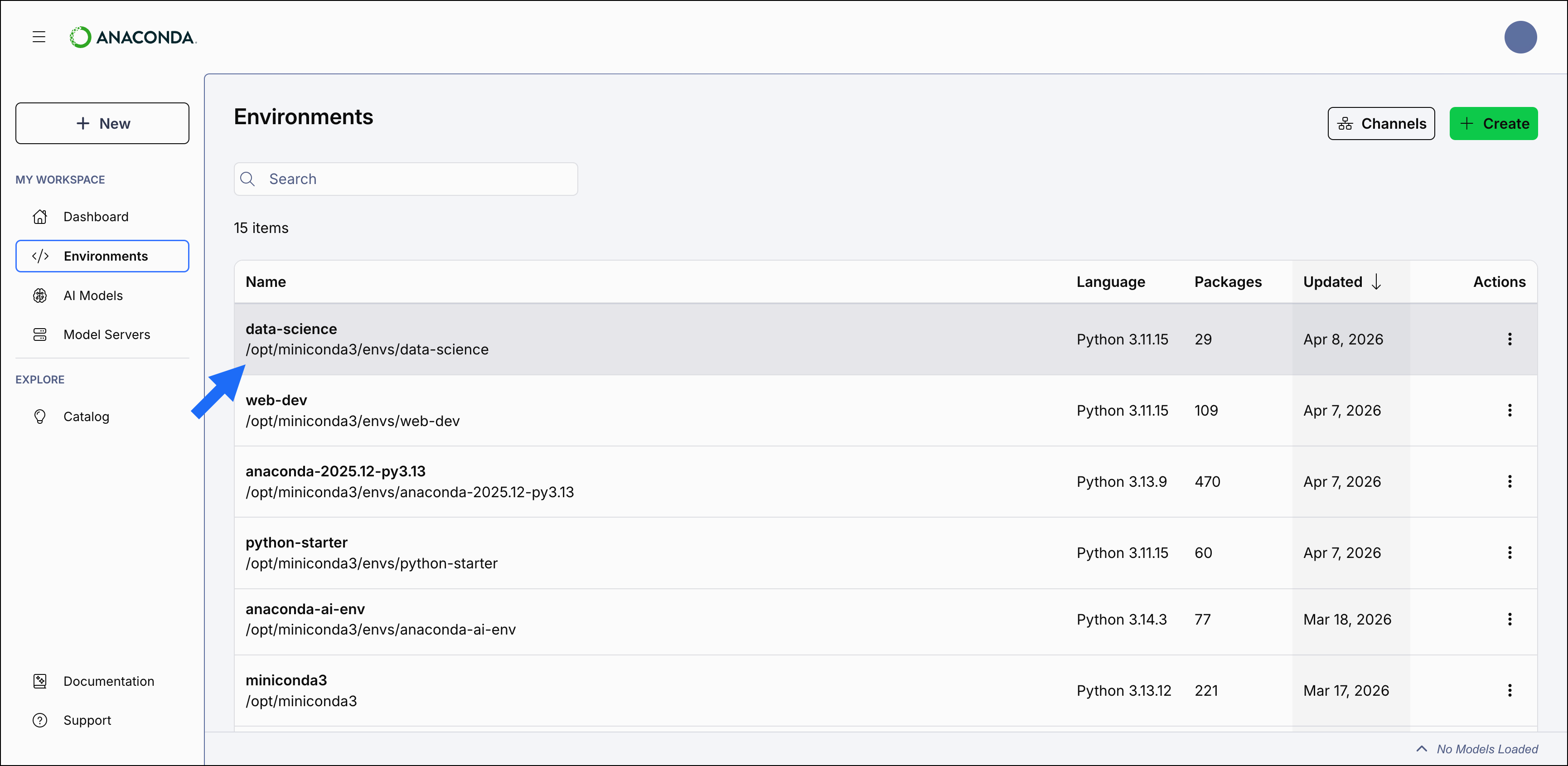 Anaconda Desktop showing the environments table with the data-science environment highlighted