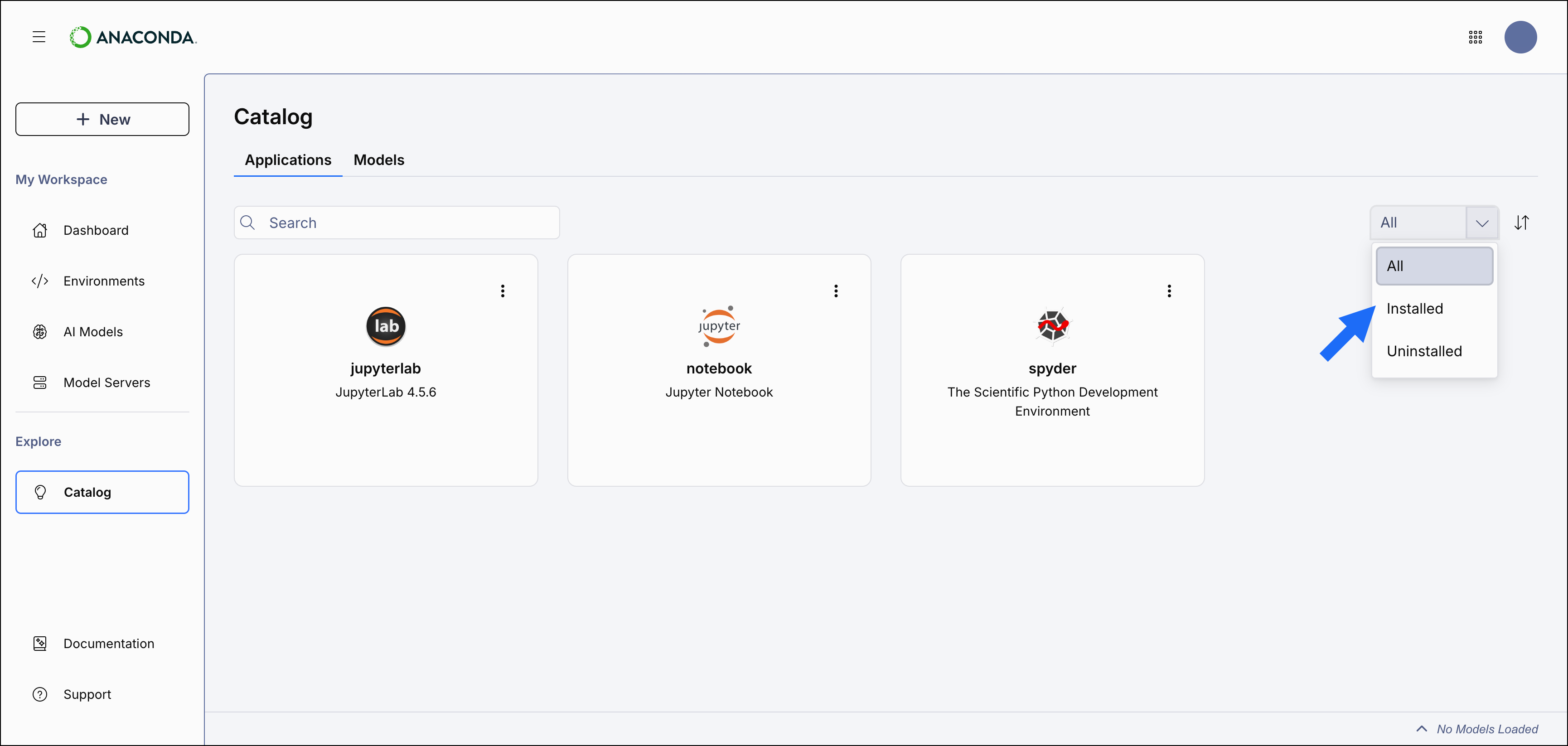 Application Catalog installed and uninstalled applications dropdown