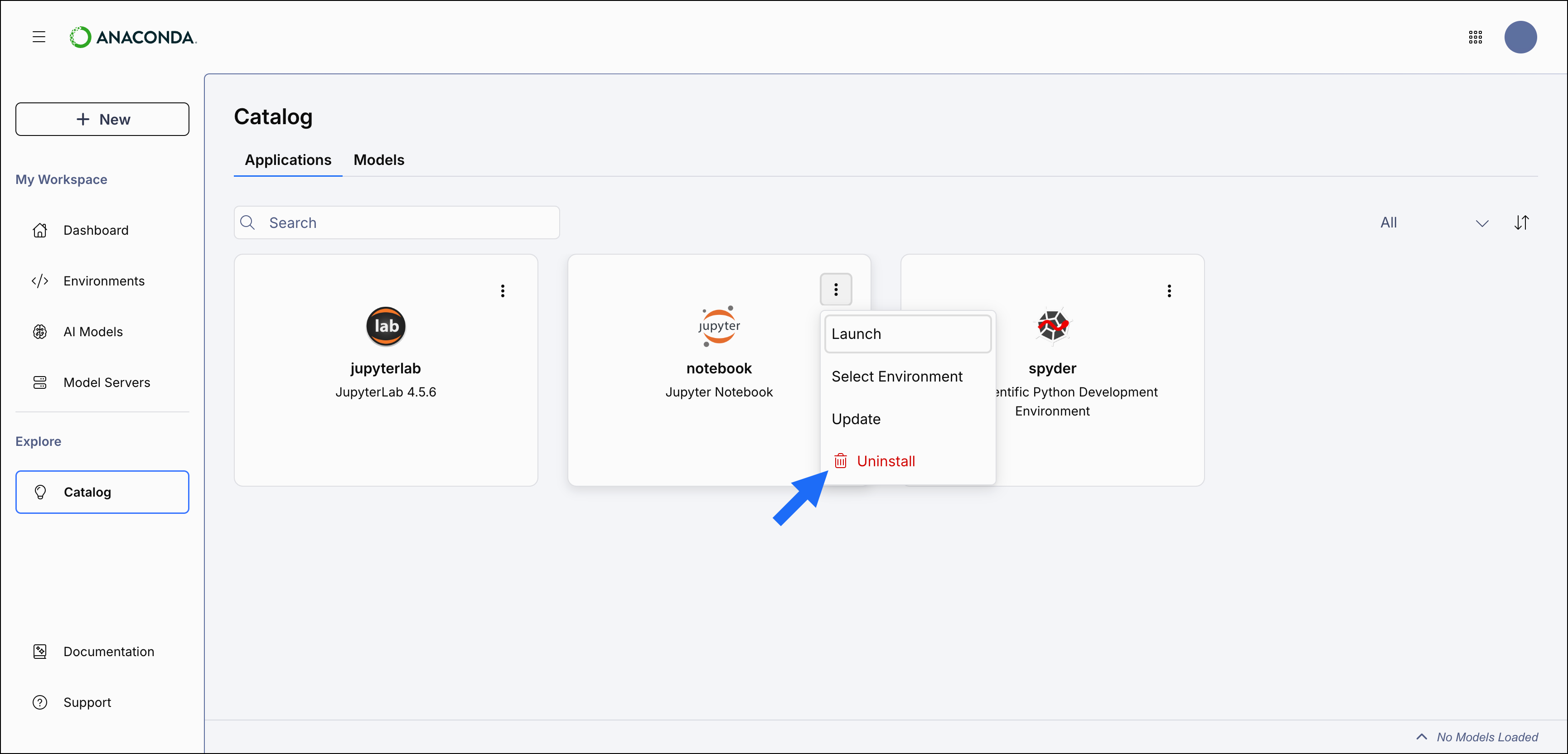 Application Catalog uninstall application actions menu