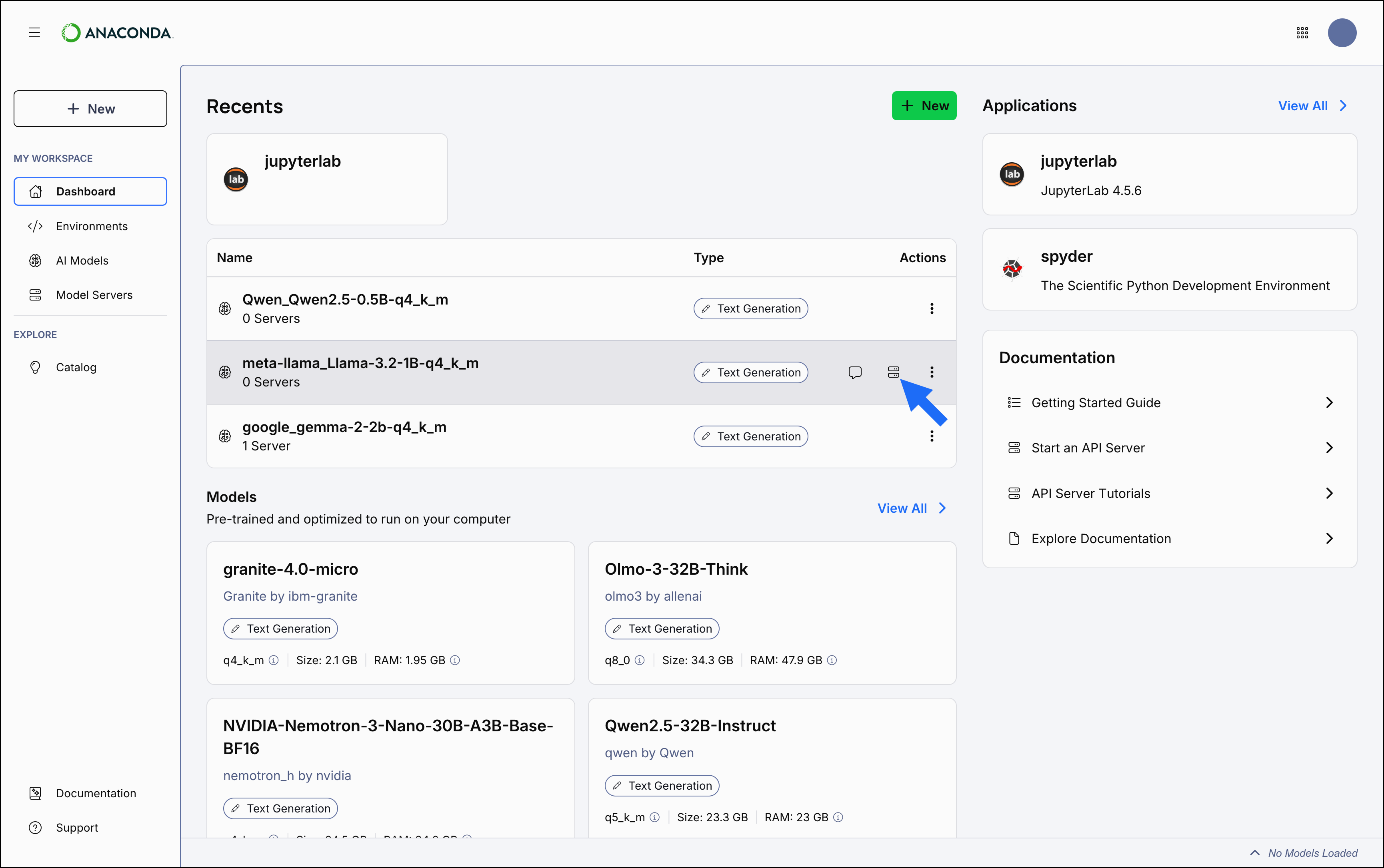 Recents table showing Chat, Start Server, and Actions