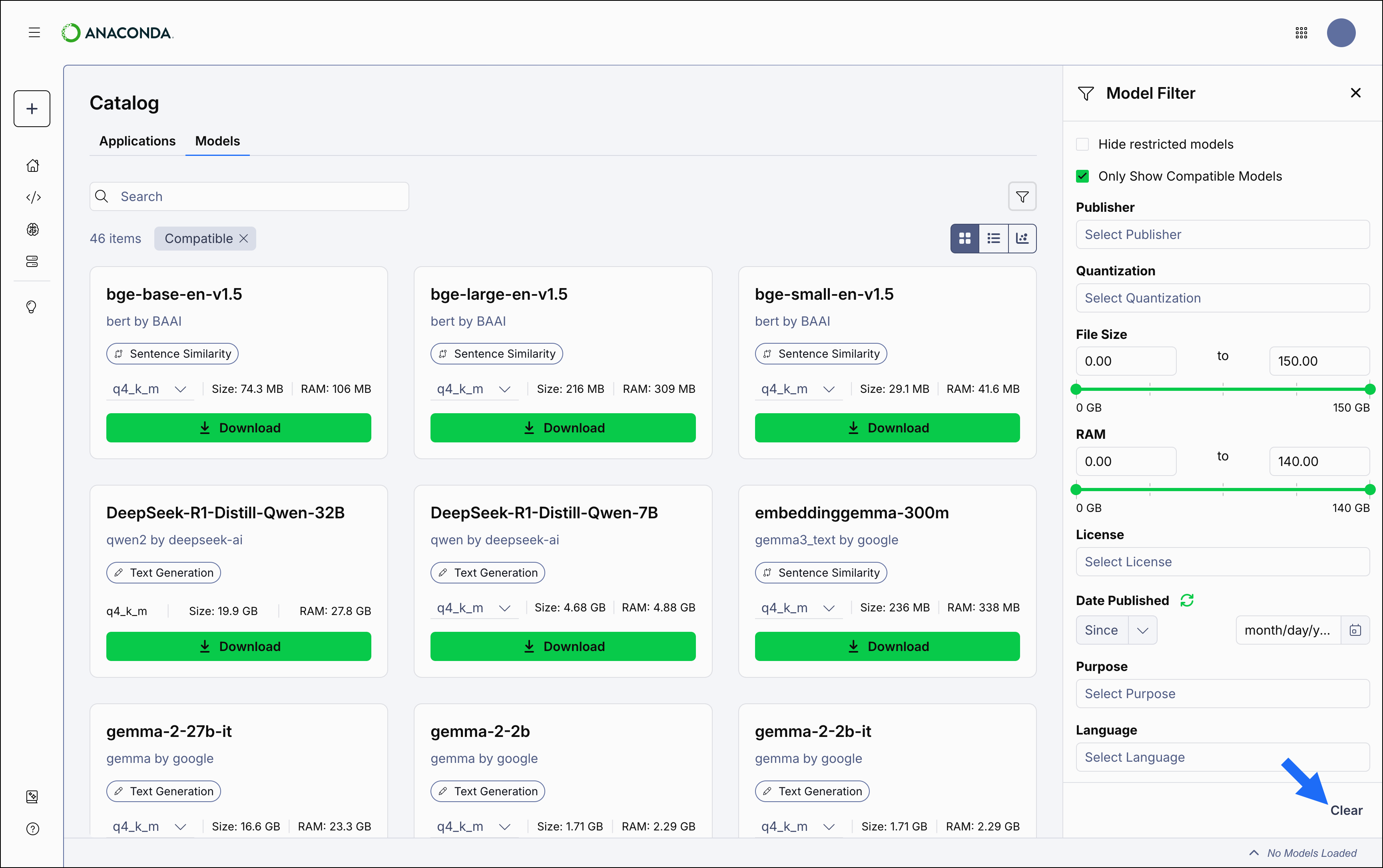 Models page right-hand filters panel