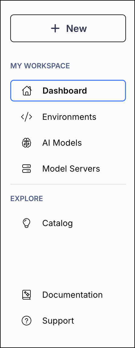 Desktop navigation menu with Home, AI Models, Model Servers, Catalog, and other options