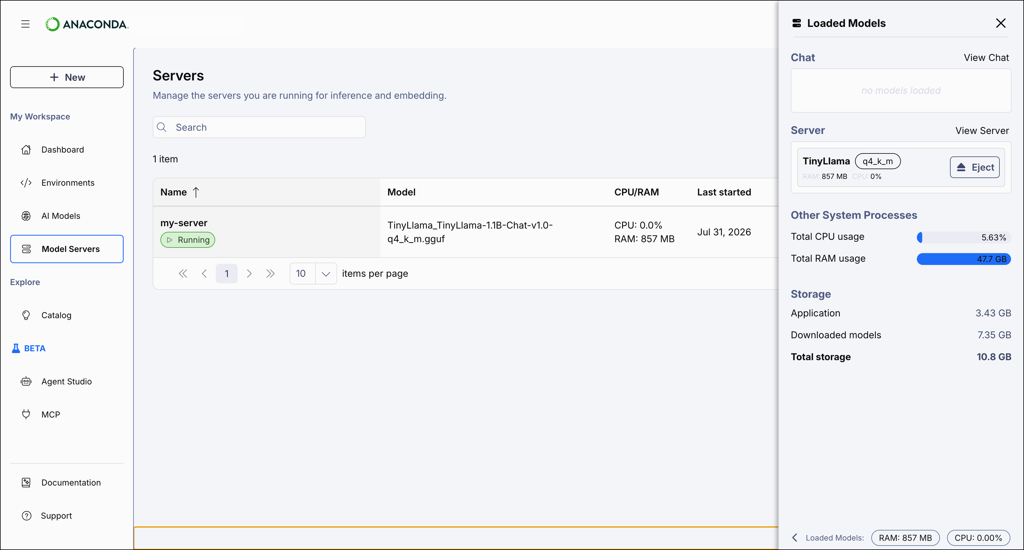 Resource consumption pane showing loaded models with CPU and RAM metrics