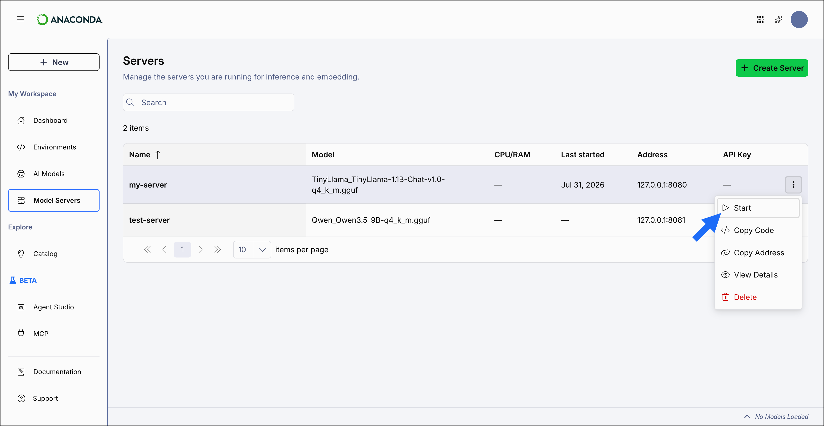 Server row actions menu showing Start, Copy Code, Copy Address, View Details, and Delete options