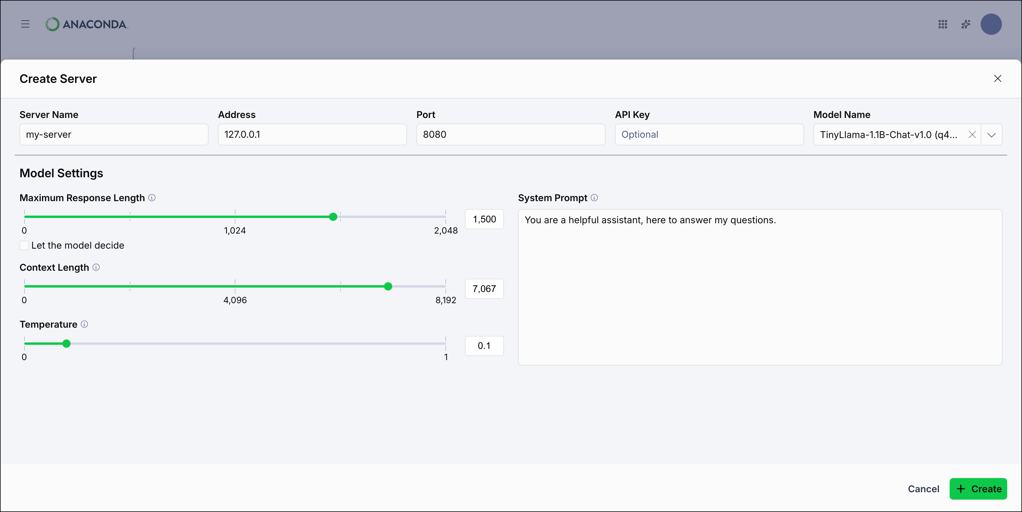 Create Server dialog showing server name, address, port, API key, model name, and model settings fields