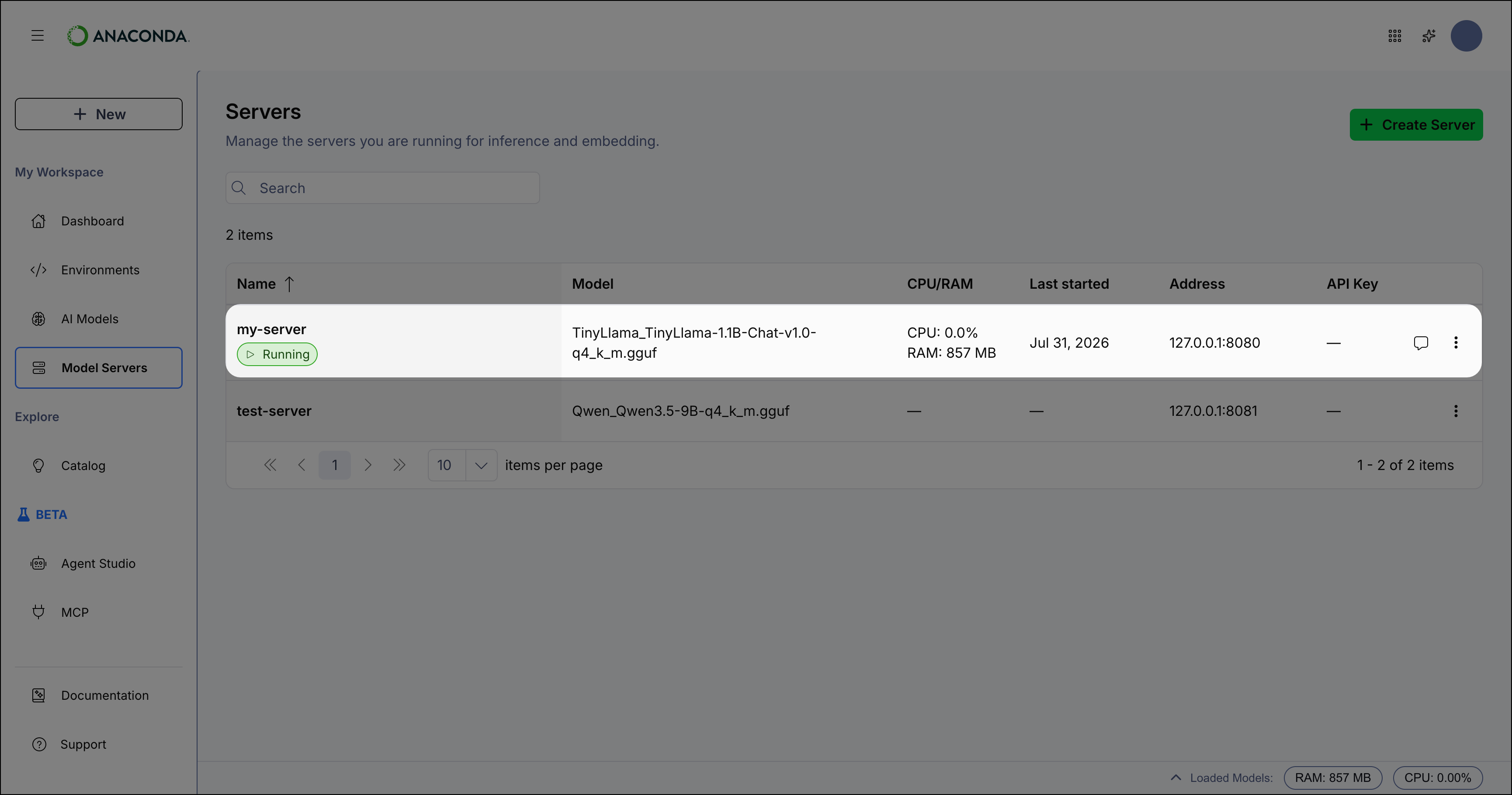 Servers table showing a running server with CPU and RAM usage