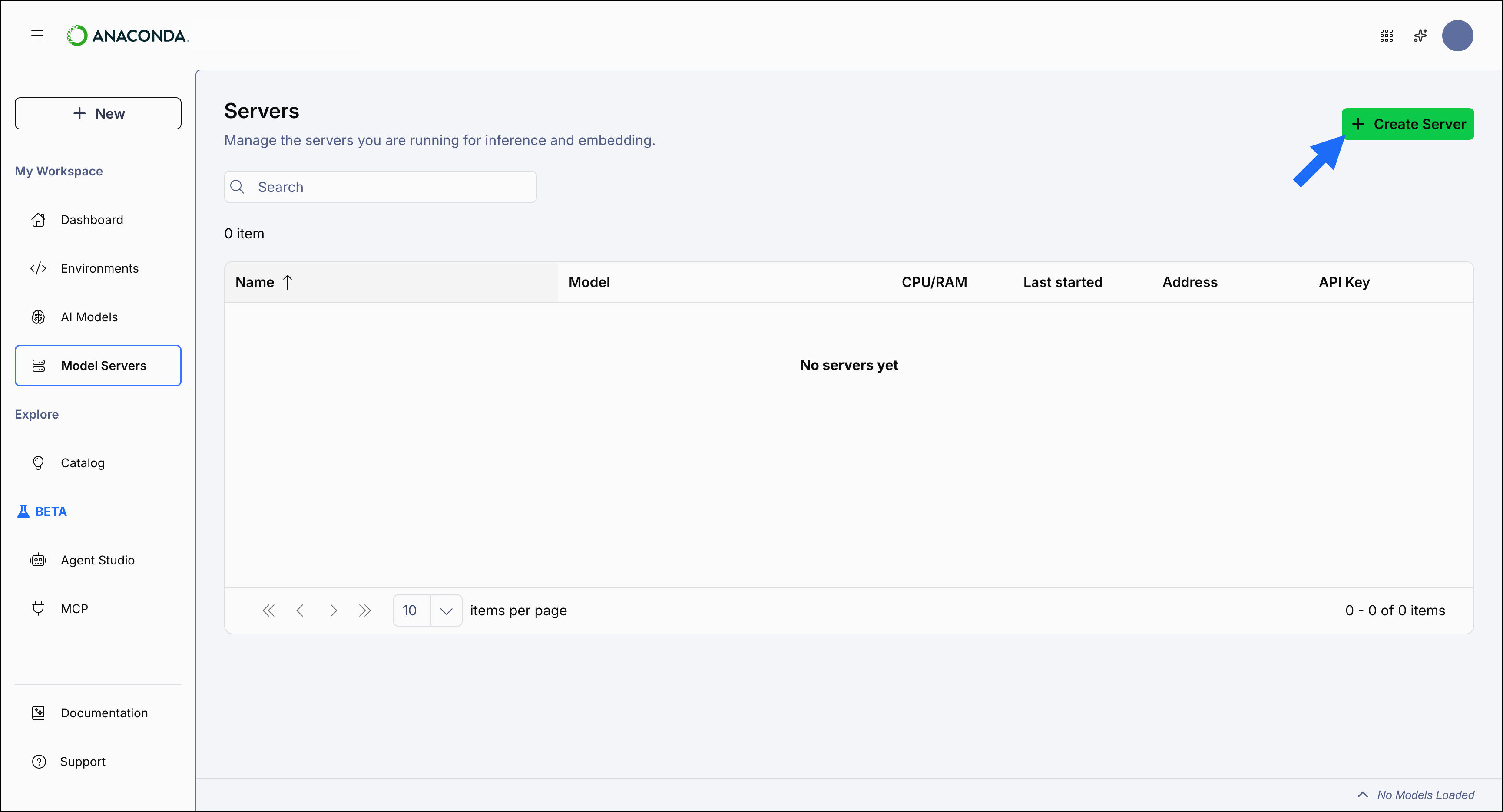 Model Servers page showing an empty servers table and the Create Server button