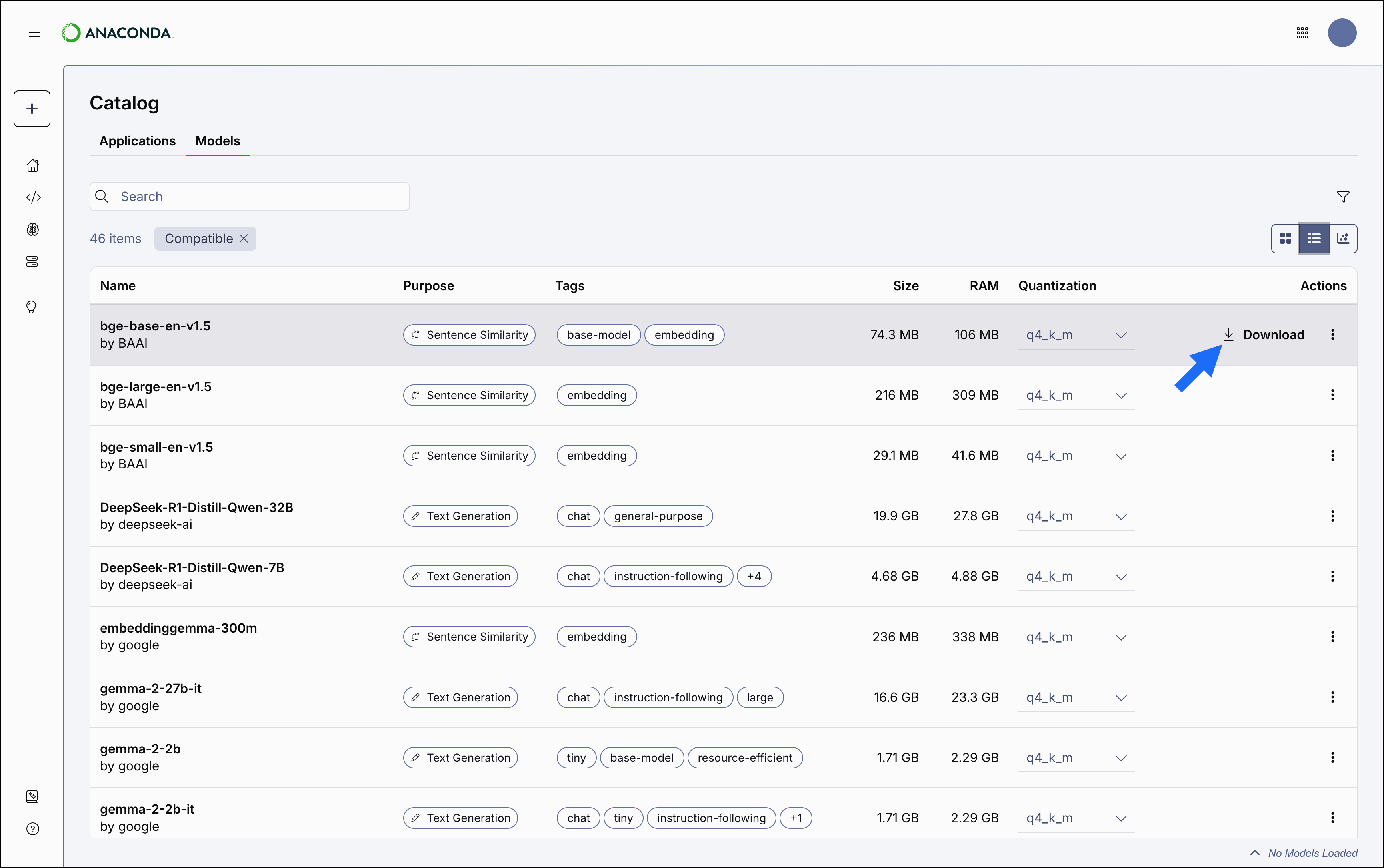 Model catalog table view