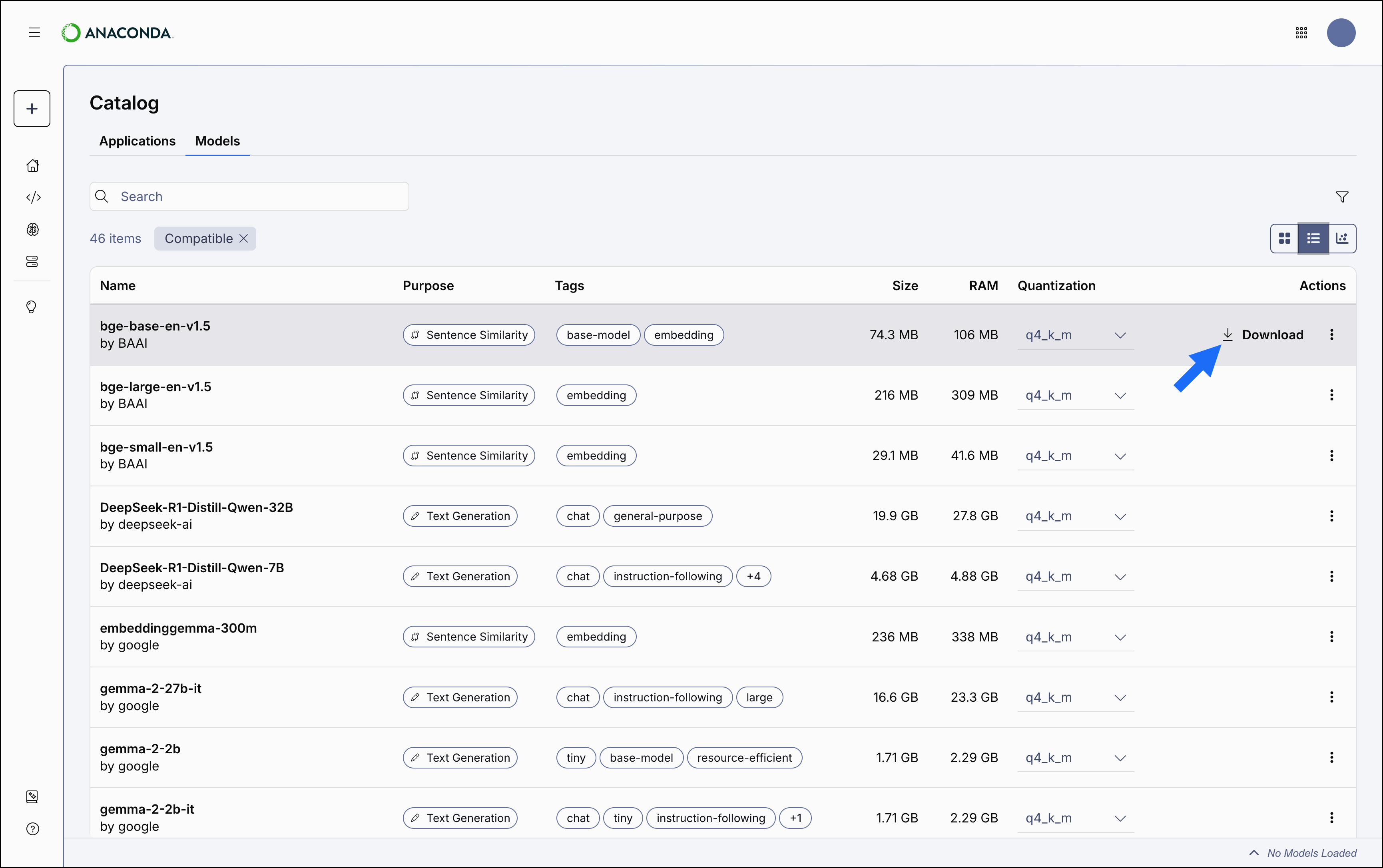 Model catalog table view