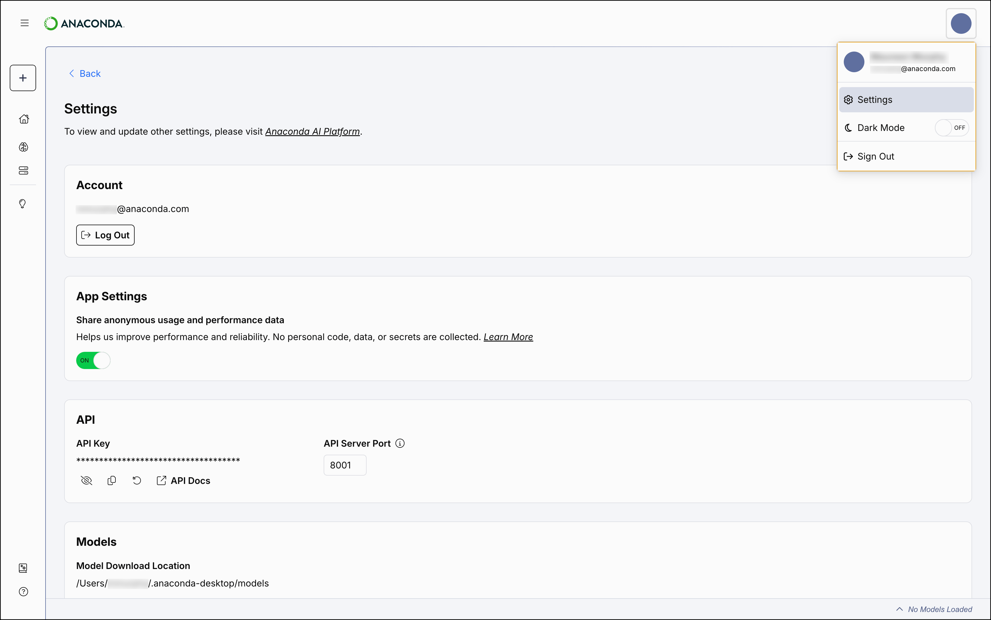 User settings page showing model location, Desktop API, data sharing, and logout options