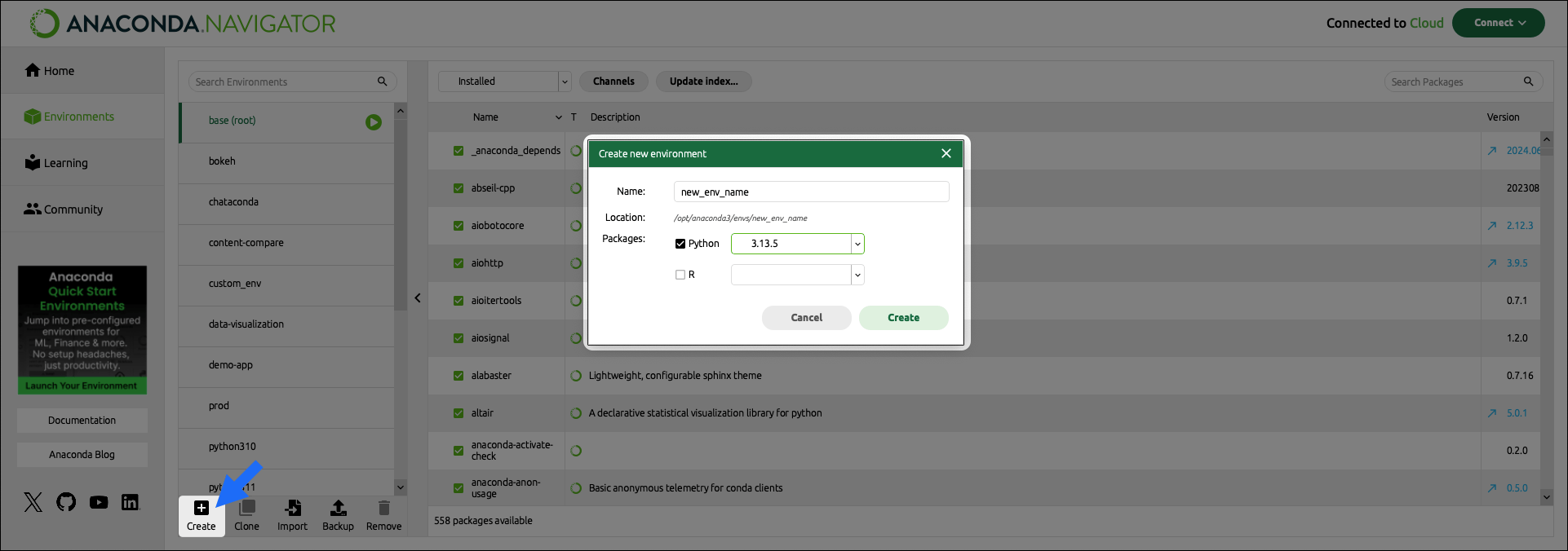 create new environment button and dialog