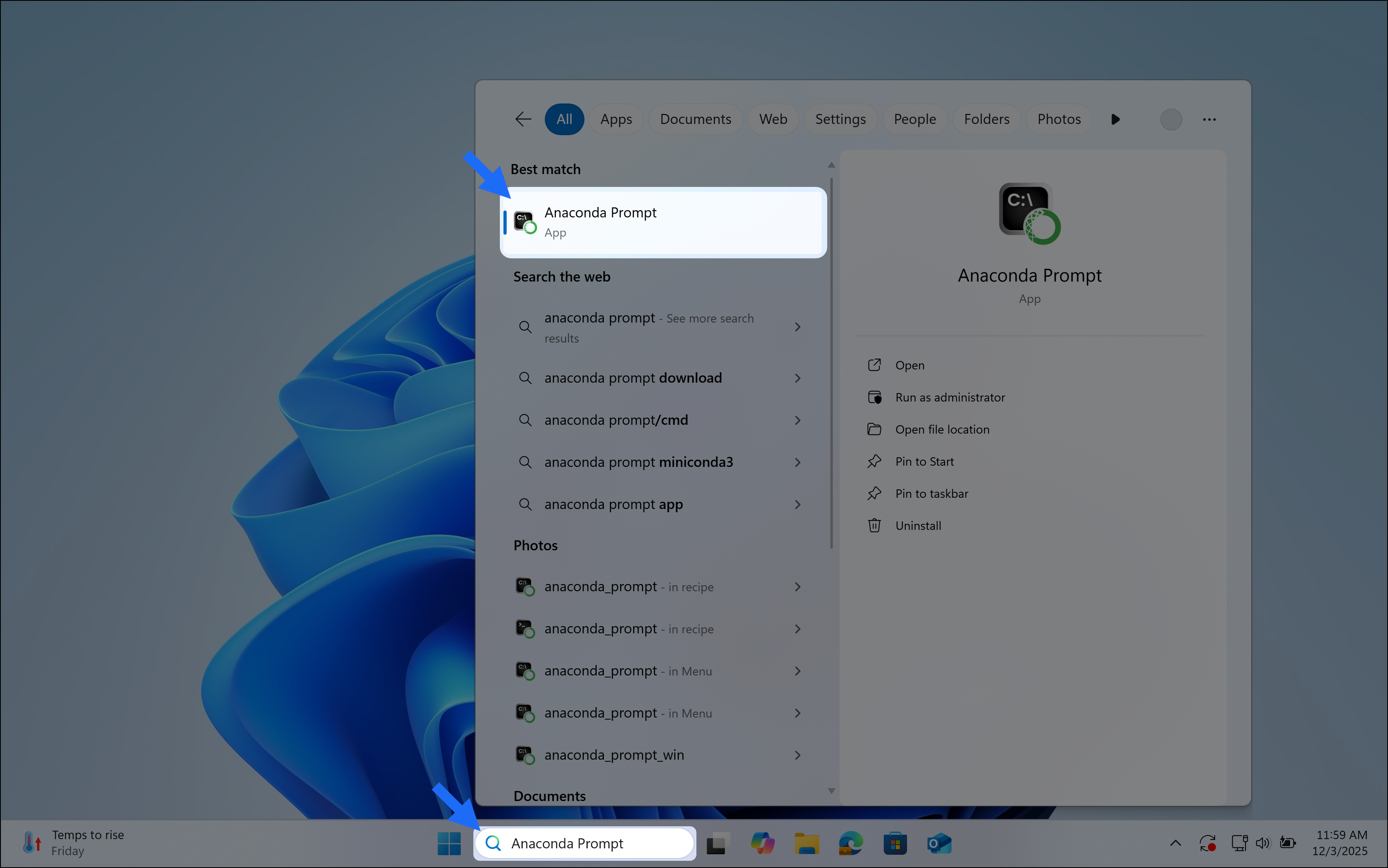 Windows desktop with Anaconda Prompt in the taskbar search field.