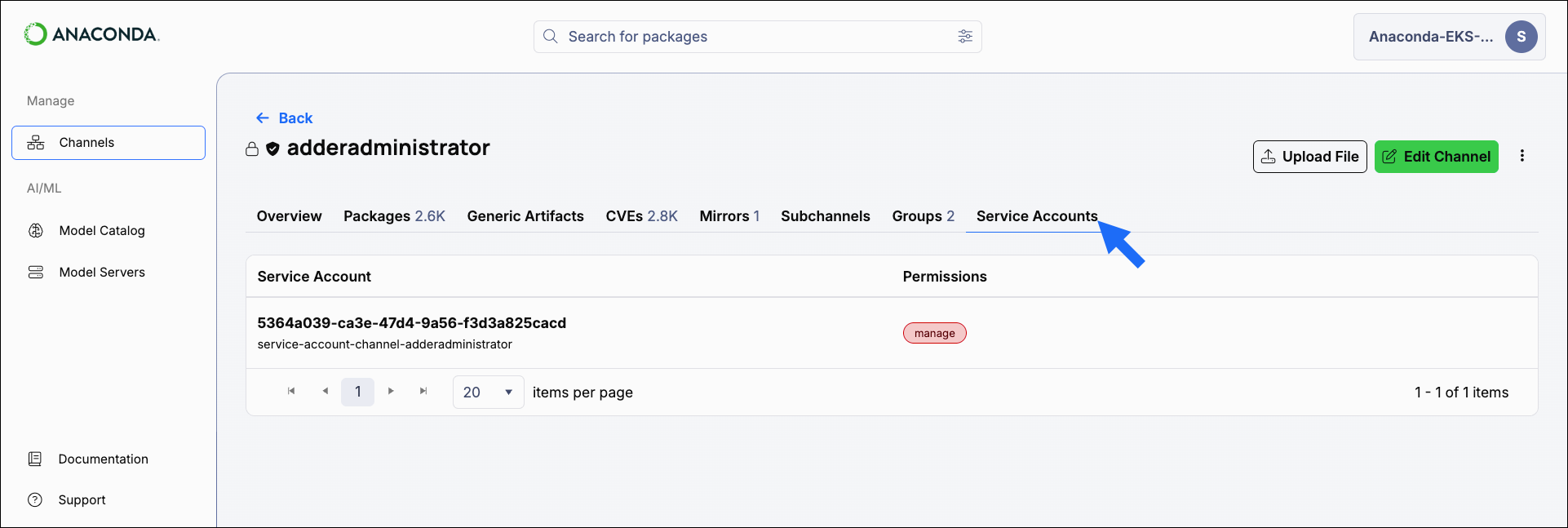 Channel service accounts view