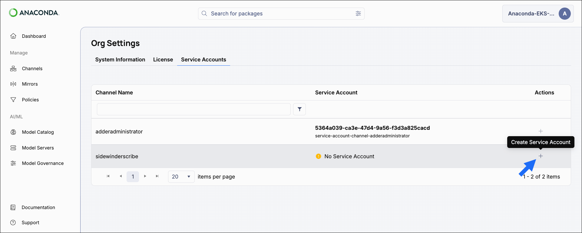 Create service account button