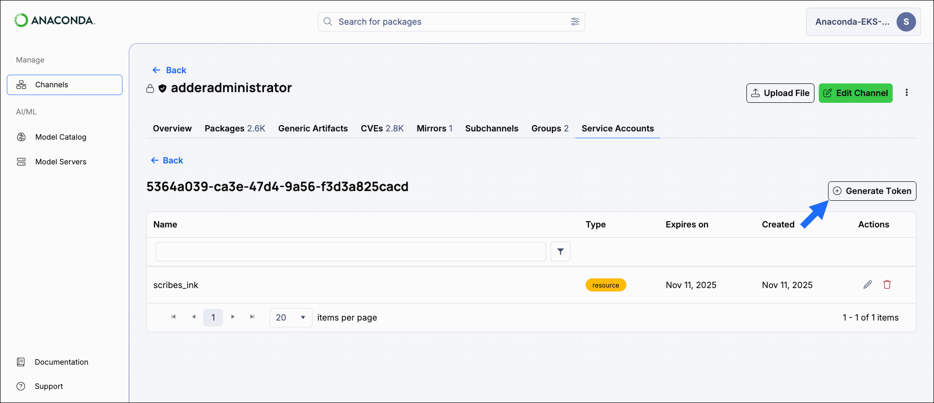 Generate service account token