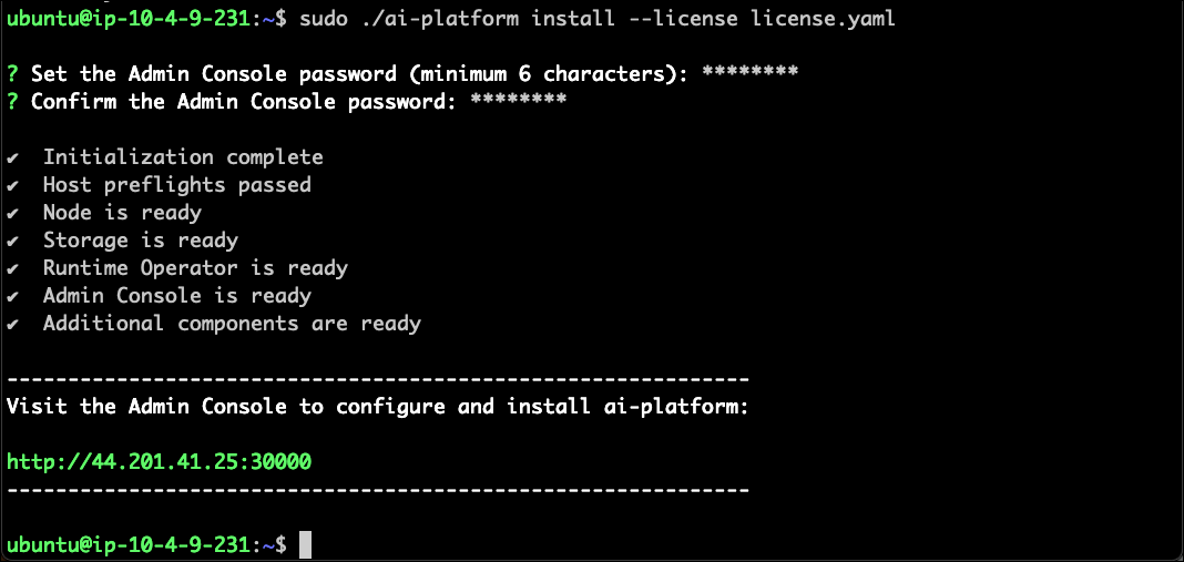 Terminal showing successful platform installation