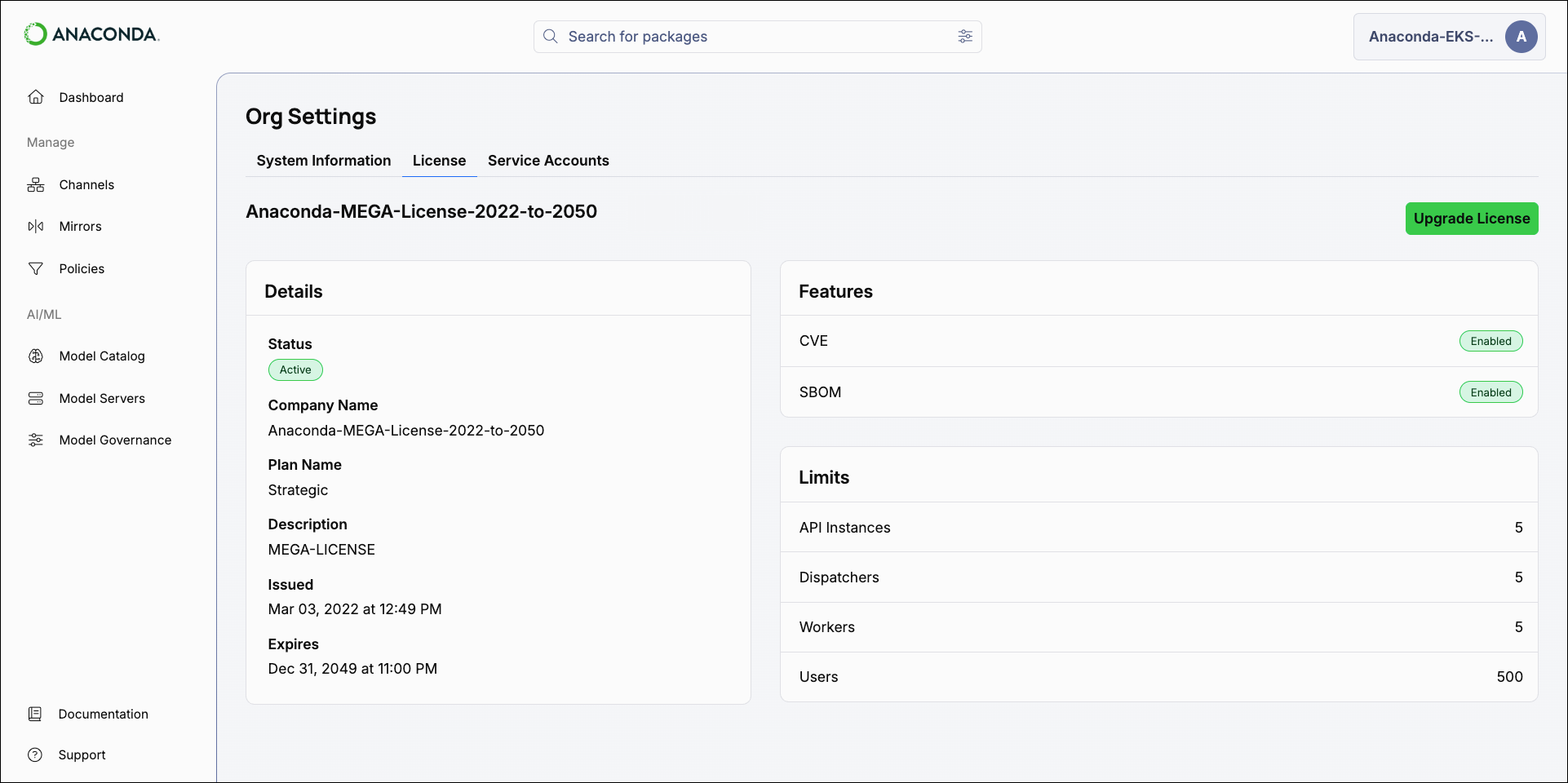 Org Settings License tab view