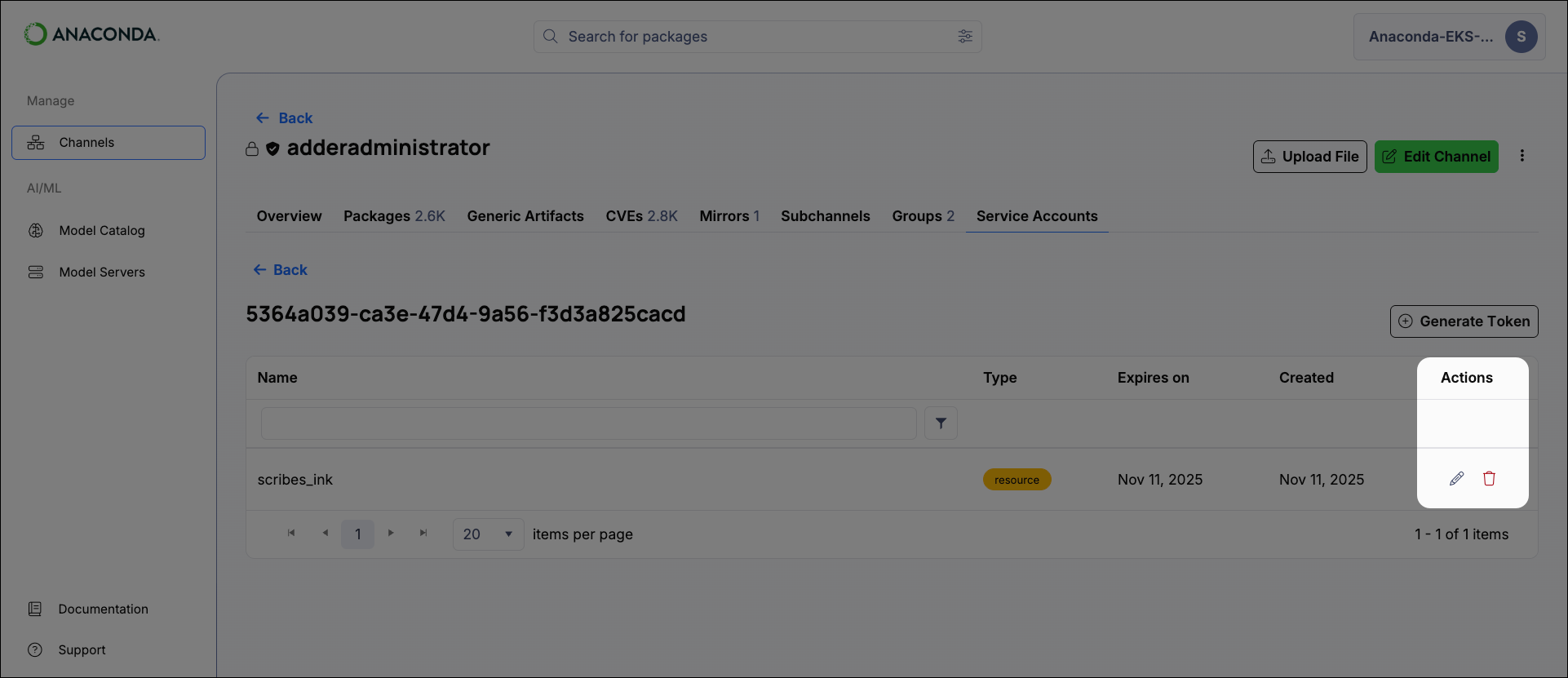 Manage service account token buttons