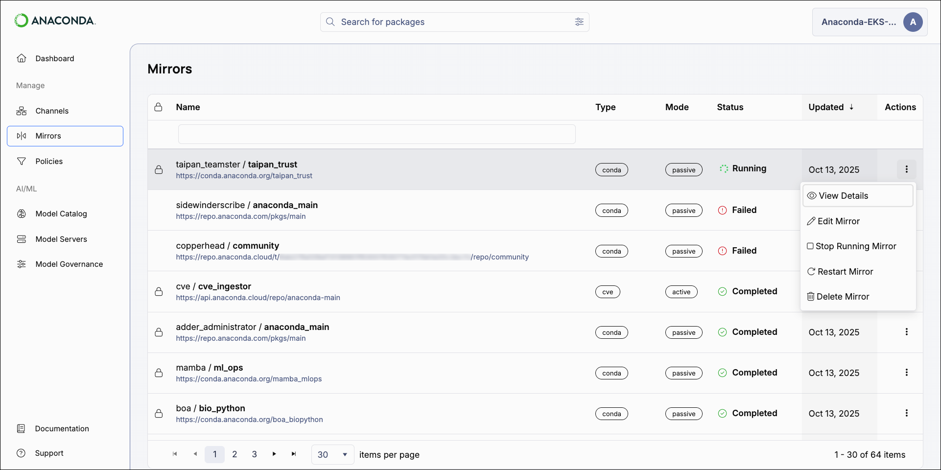 Actions available for managing mirrors