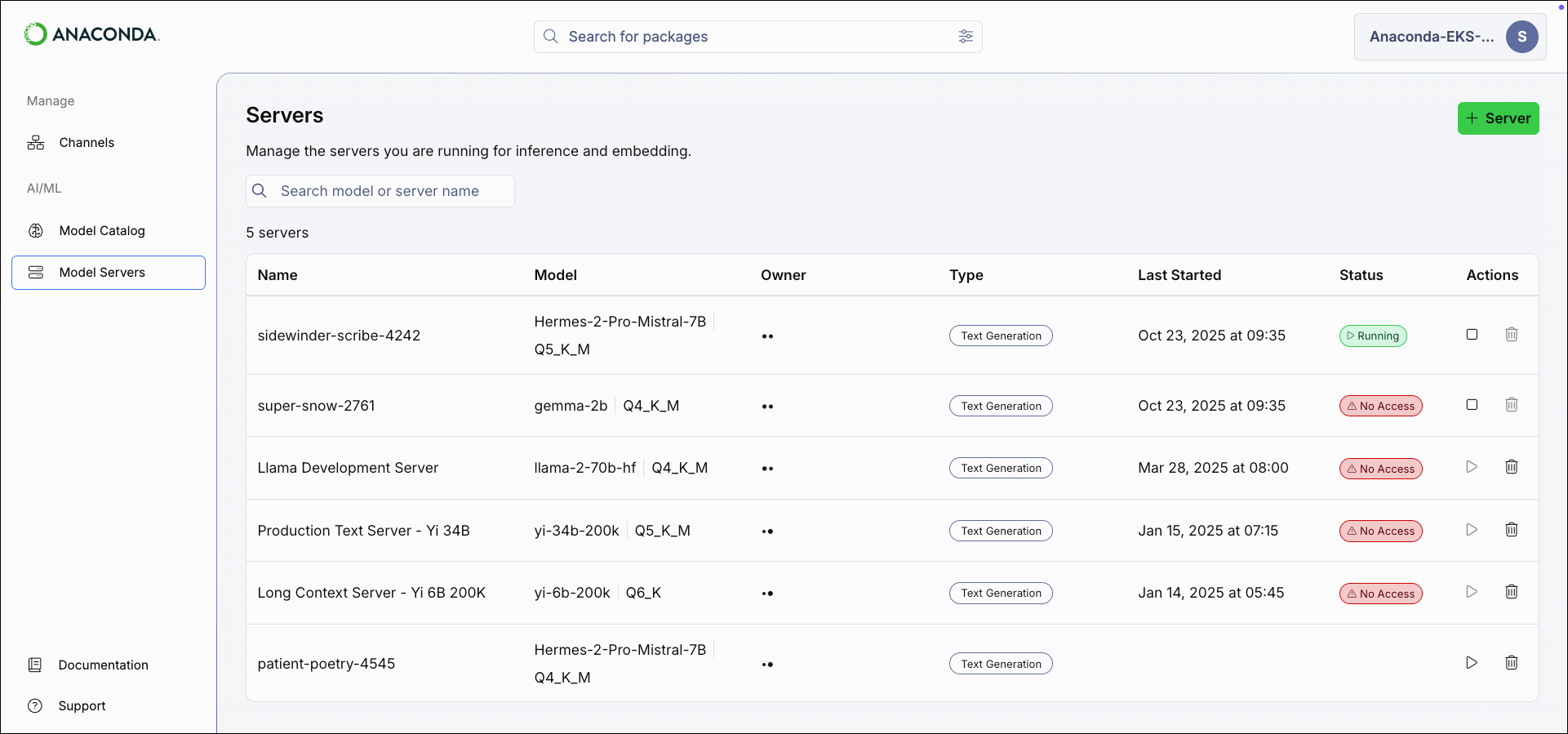 The servers page with a list of created servers