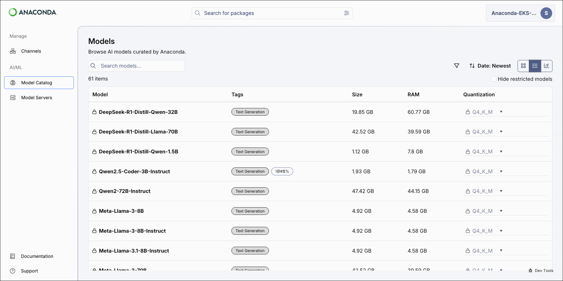 Model catalog table view