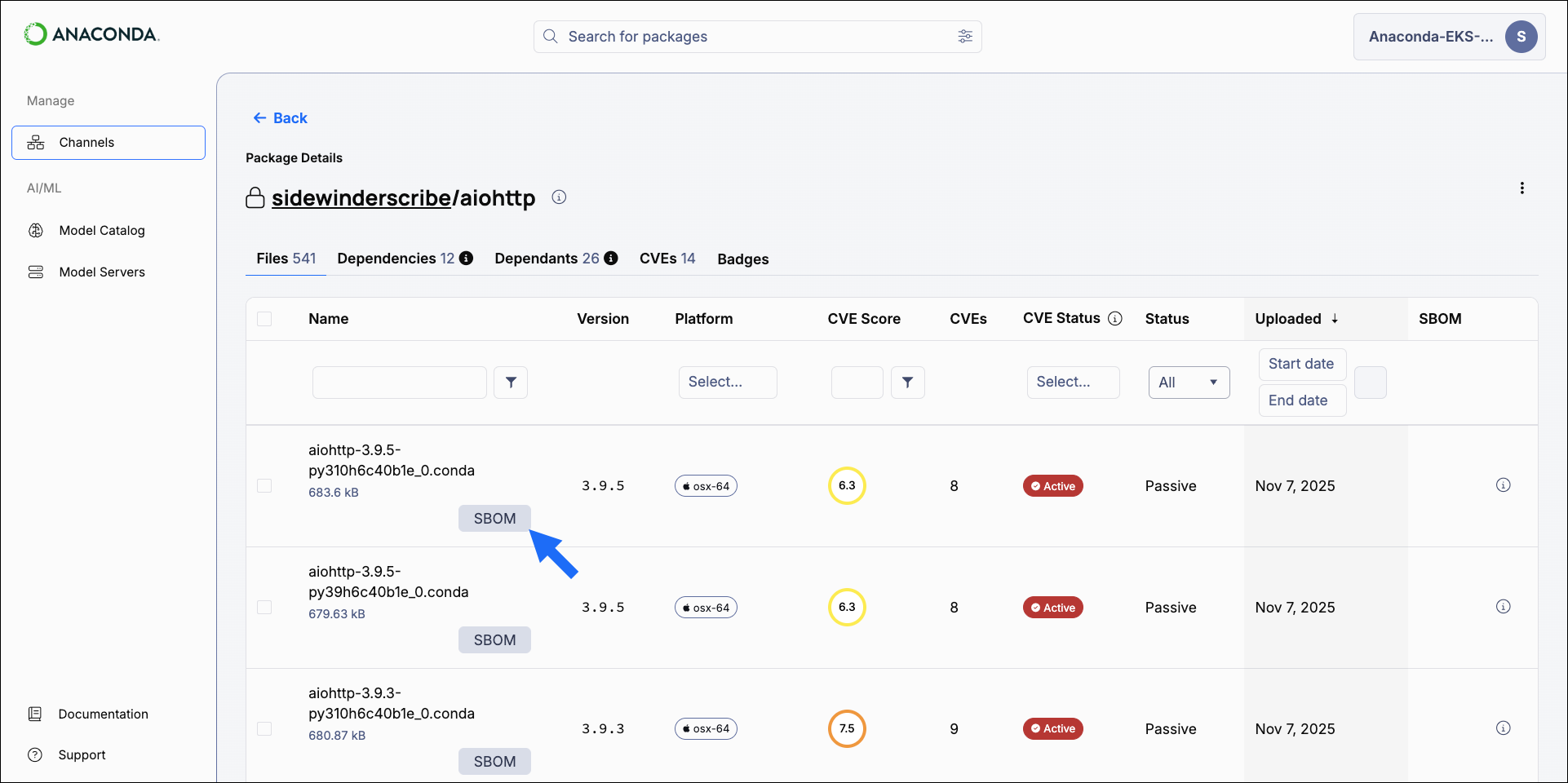 SBOM download button