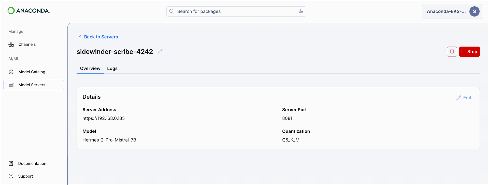 The server details page