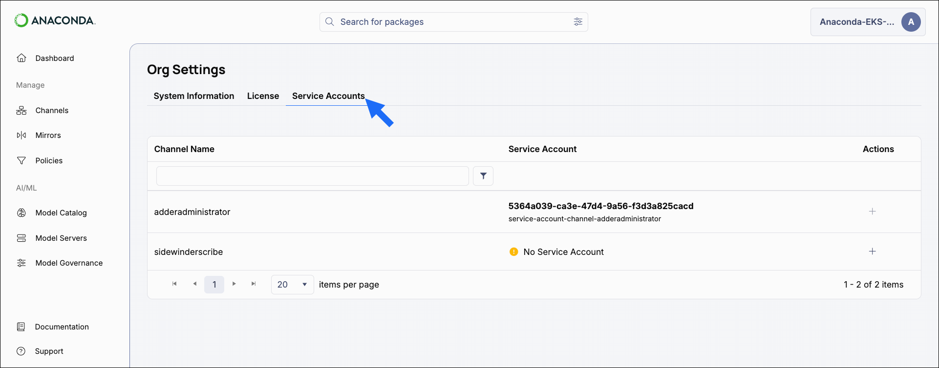 Administrator service accounts view