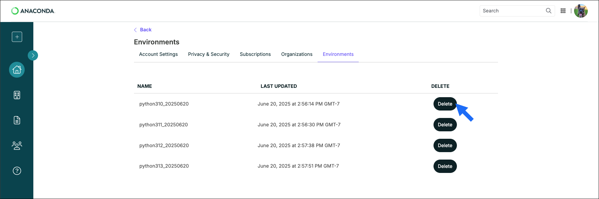 removing an environment from Anaconda.com
