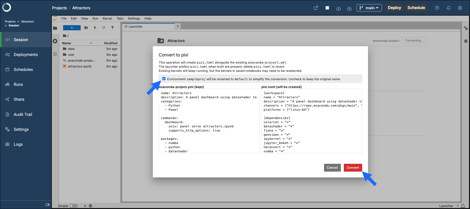 The Convert to pixi modal and environment name checkbox