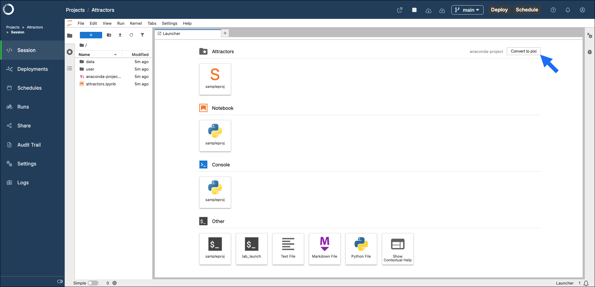 The Convert to pixi button in the project Launcher card
