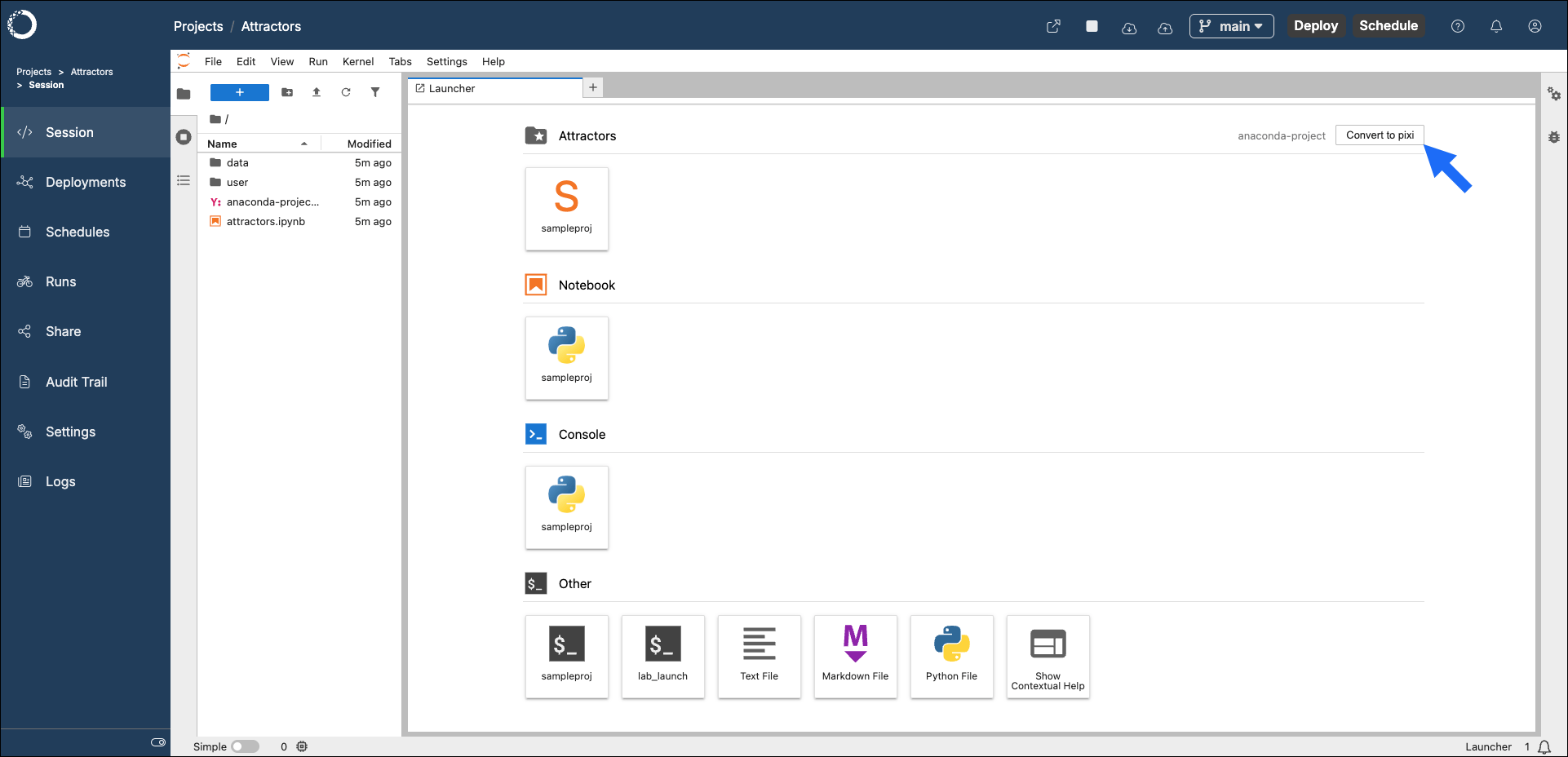 The Convert to pixi button in the project Launcher card