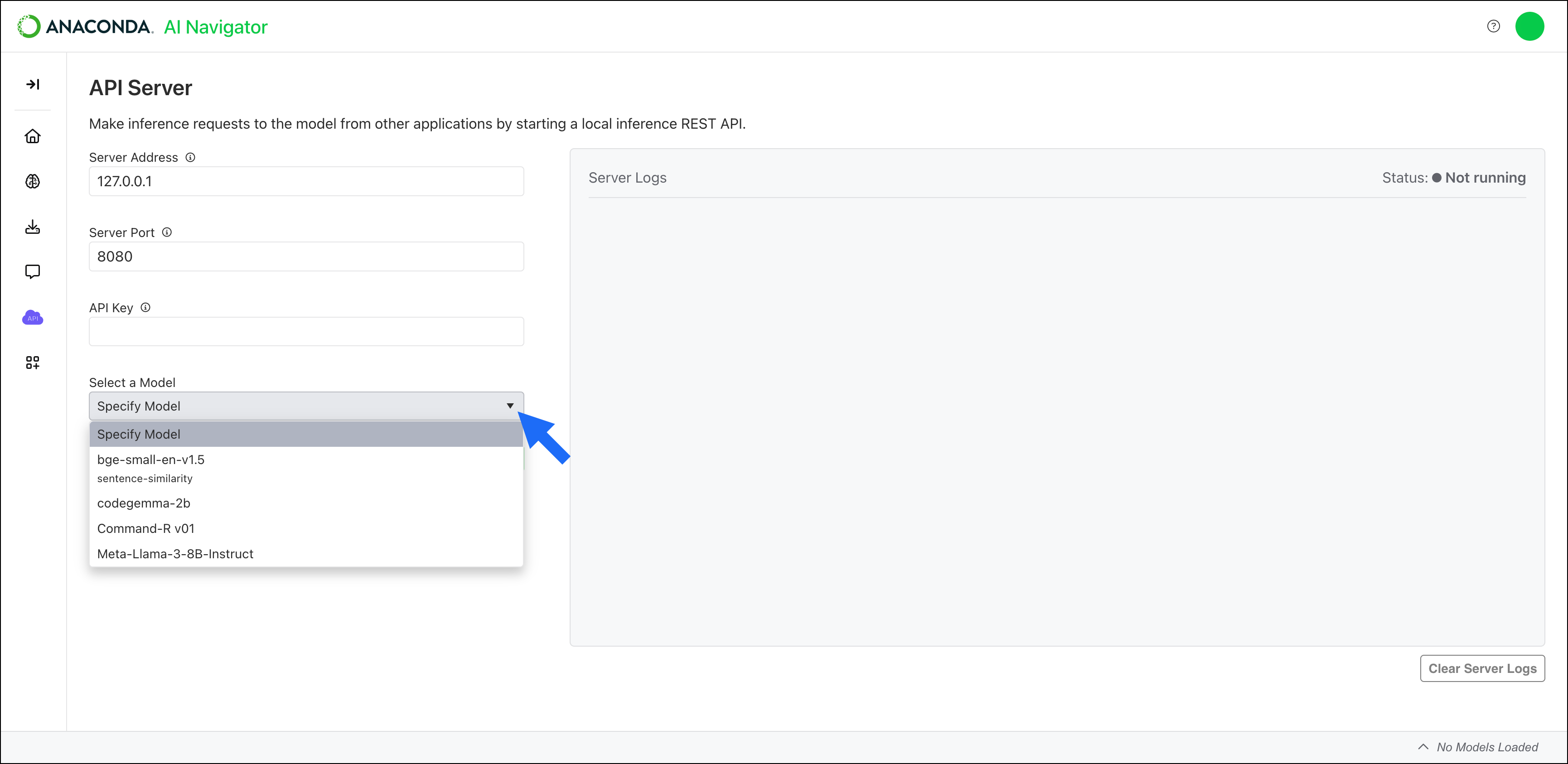 api server page specify model dropdown