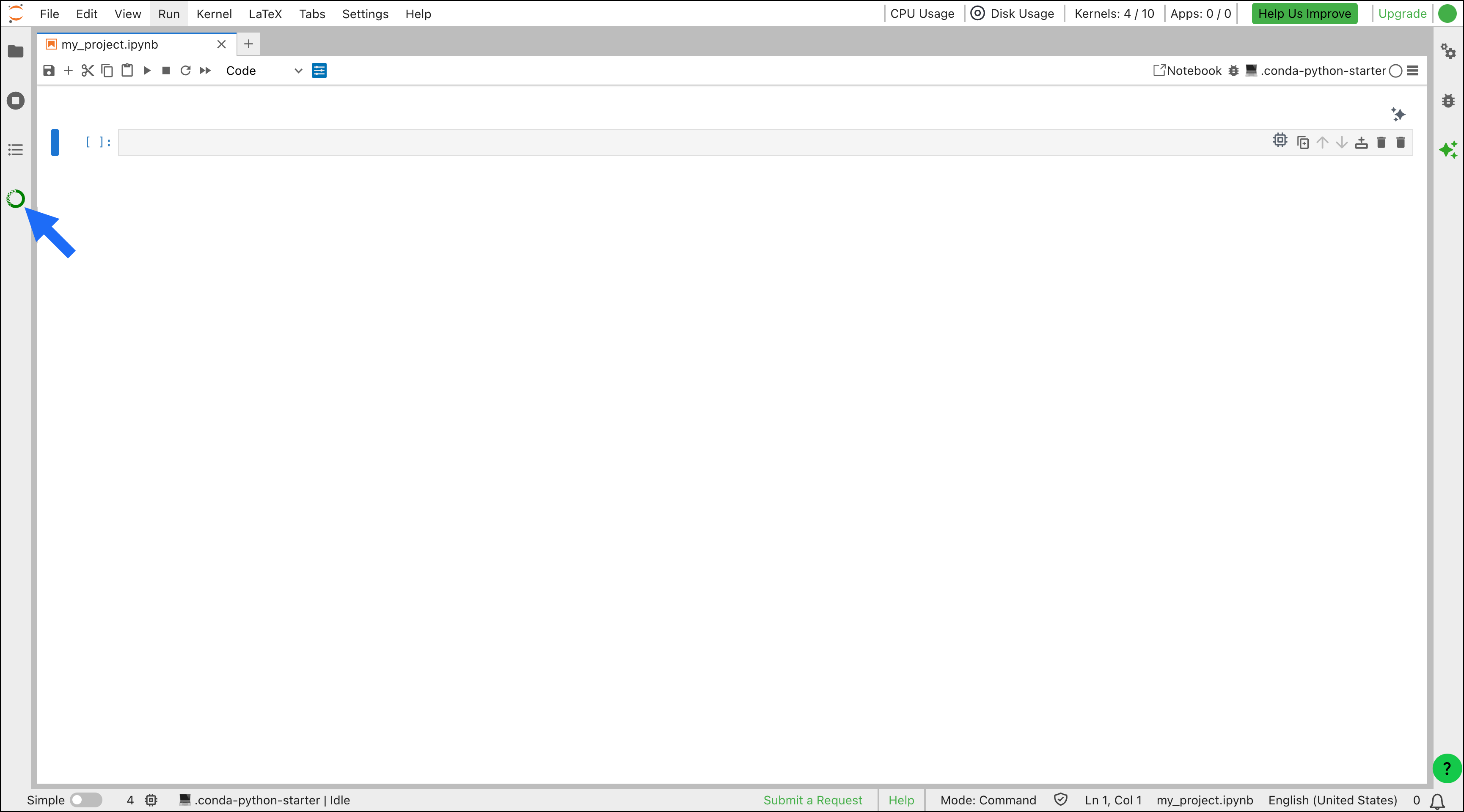 Anaconda Notebooks interface with an arrow pointing to the Anaconda Toolbox icon.