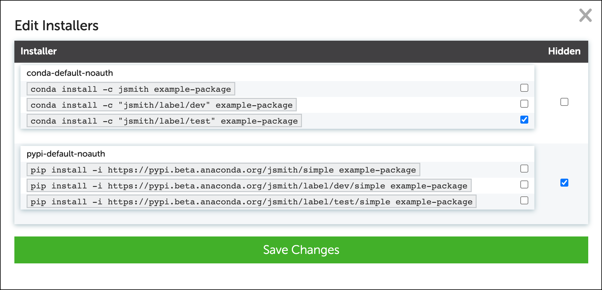 A set of selection options for making install instructions visible on the package detail page