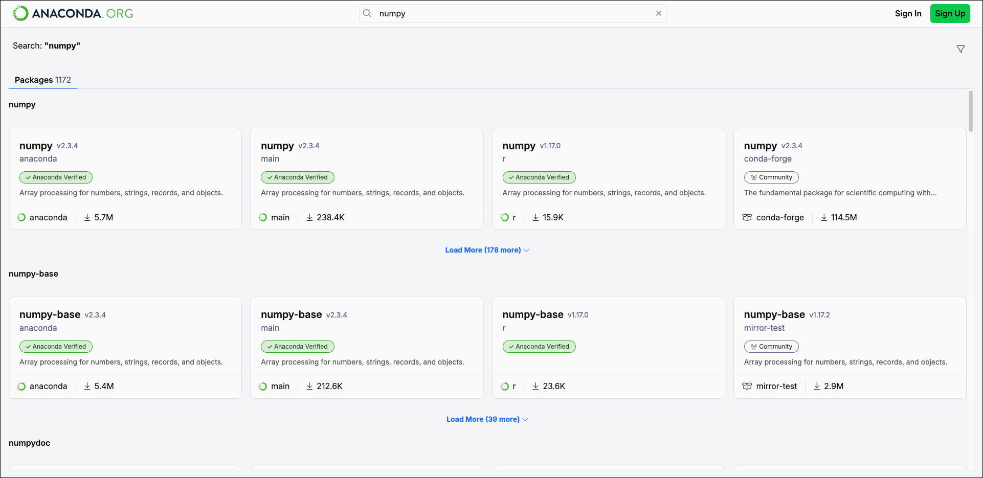 A search for a package in Anaconda.org