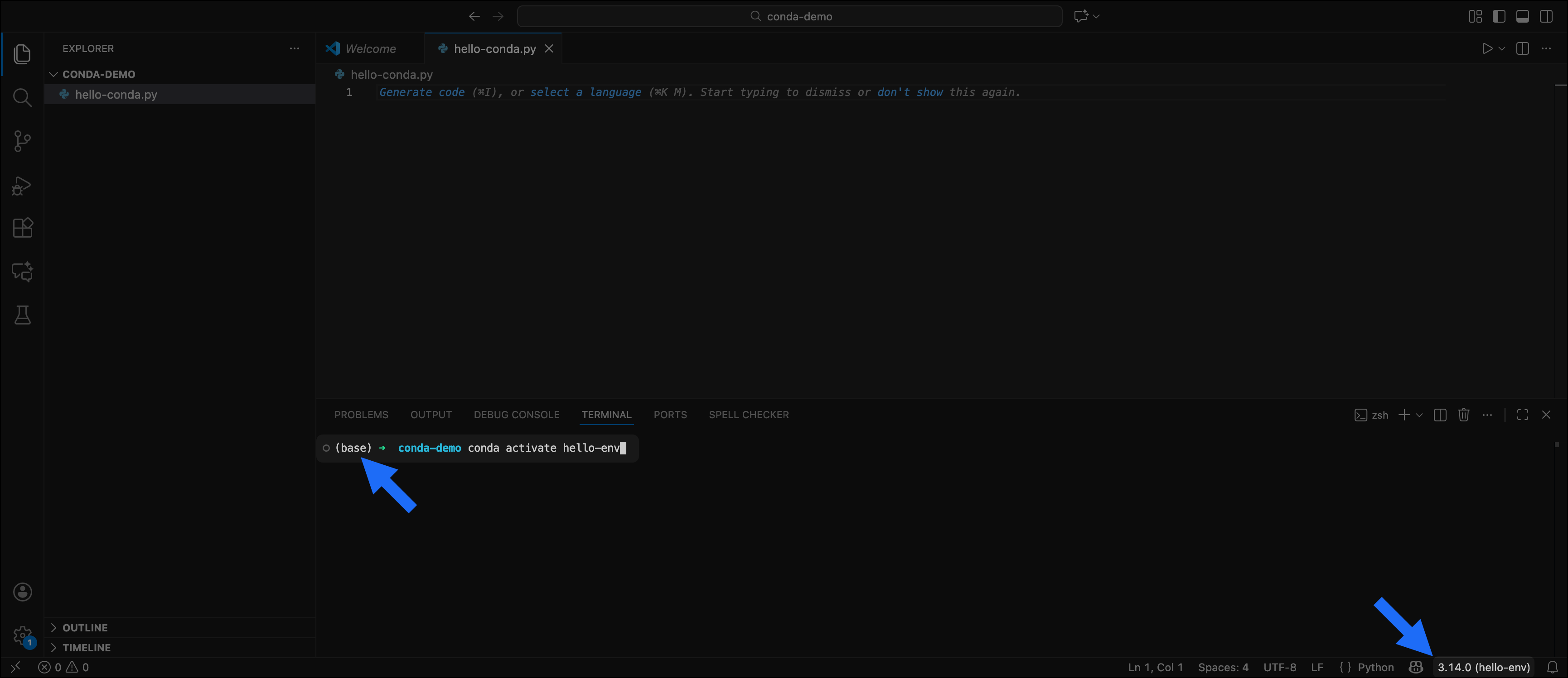 An active base environment in a VS Code terminal and the hello-env environment as Python interpreter