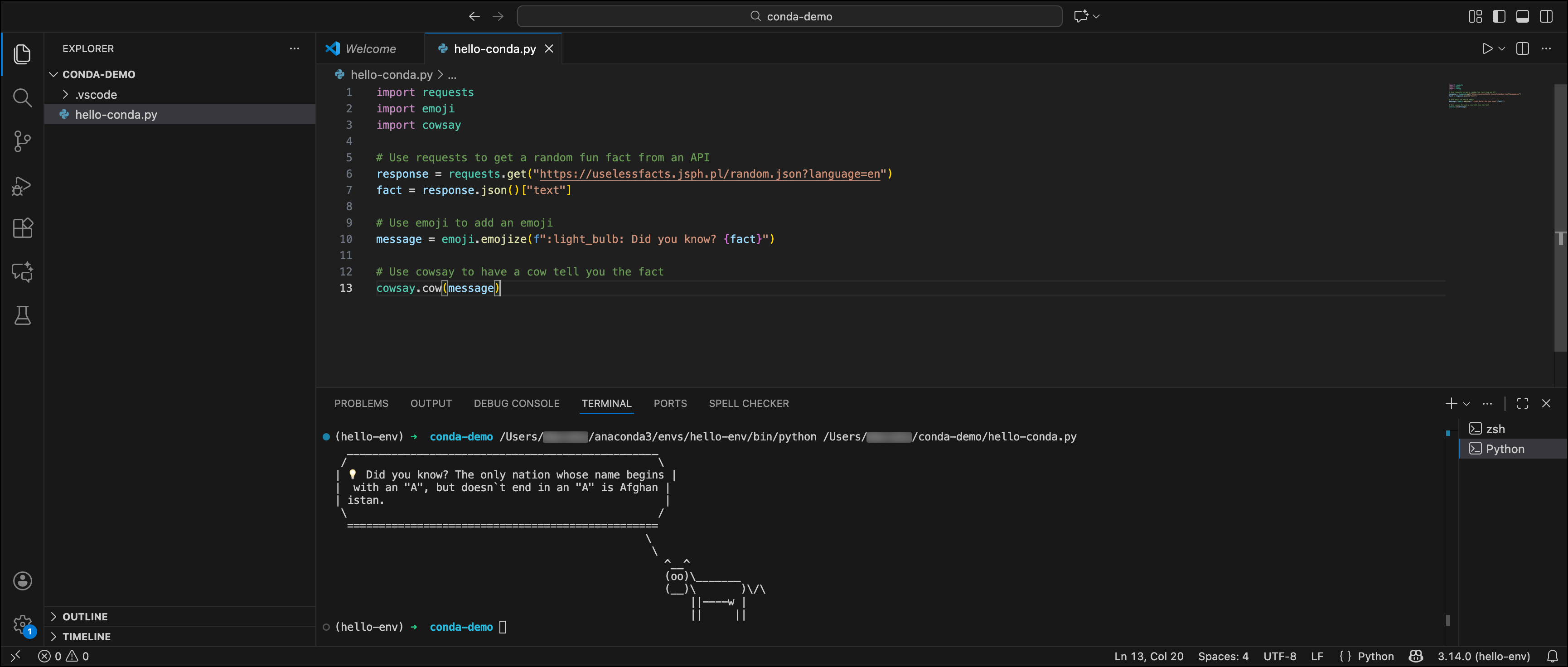 VS Code UI with Python code and terminal showing an ASCII cow saying, 'Did you know? The only nation whose name begins with an A but doesn't end in an A is Afghanistan.'