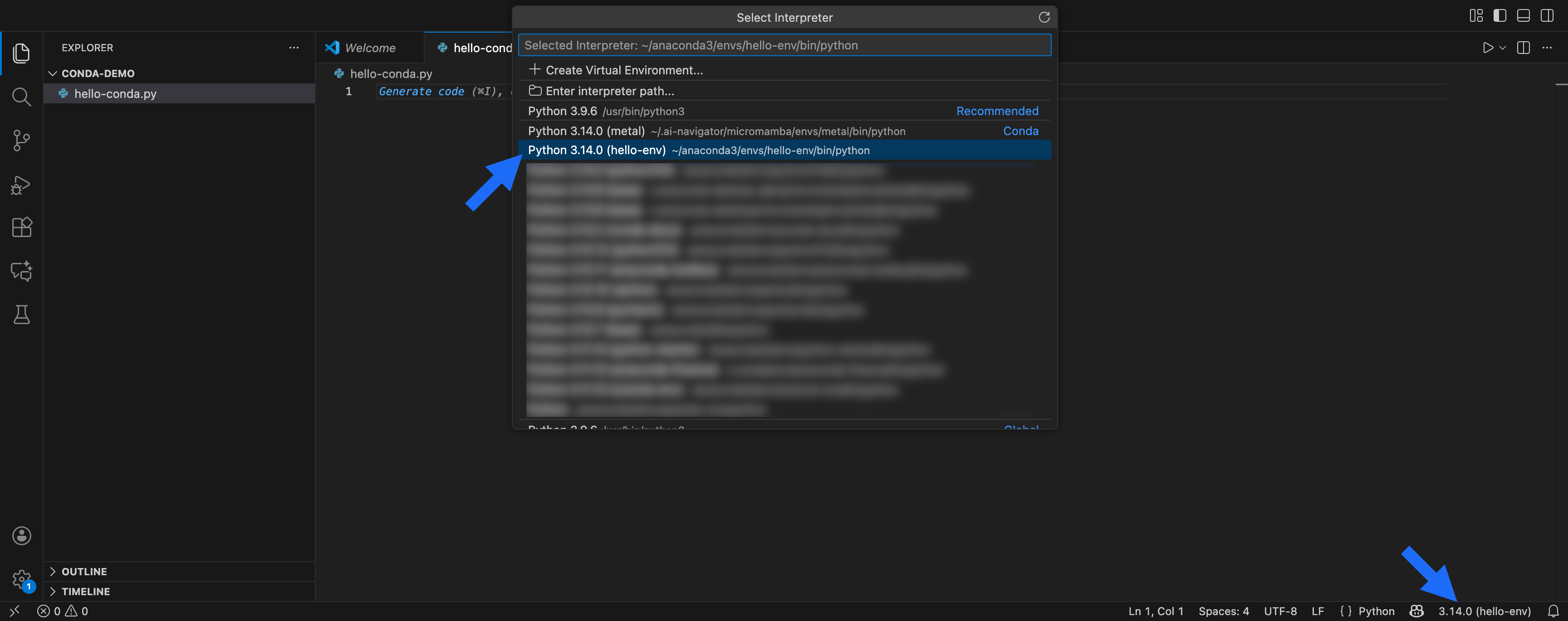 Selecting the hello-env environment as the Python interpreter in VS Code.