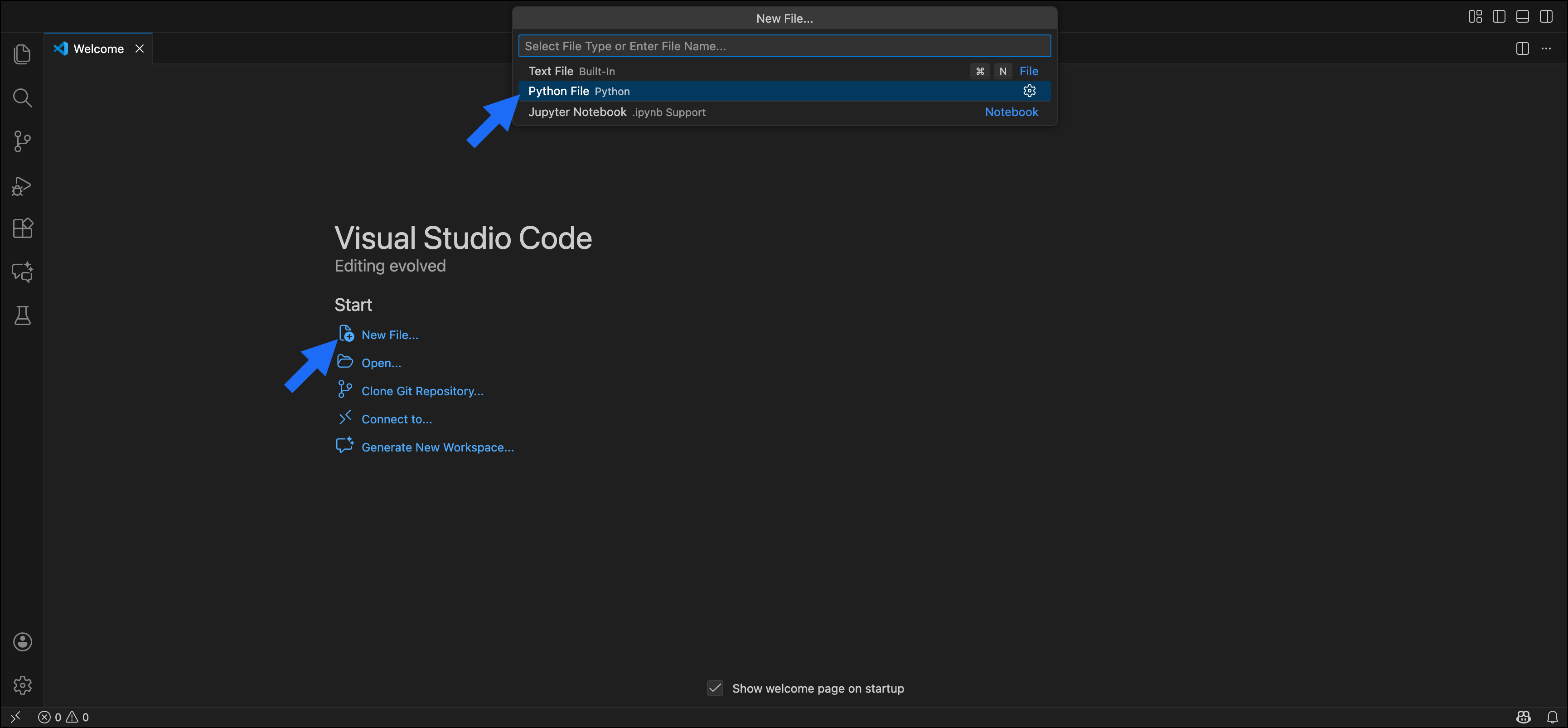 VS Code welcome screen with the New File... and Python File options indicated with an arrow.