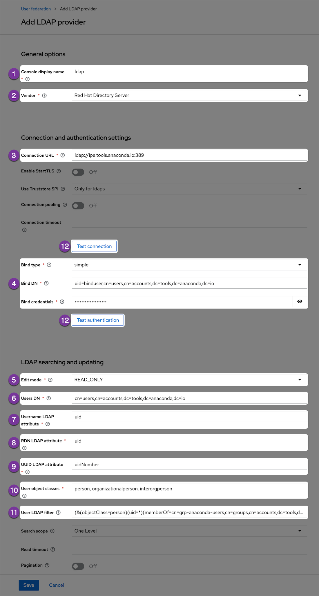 Establishing an LDAP connection - Anaconda