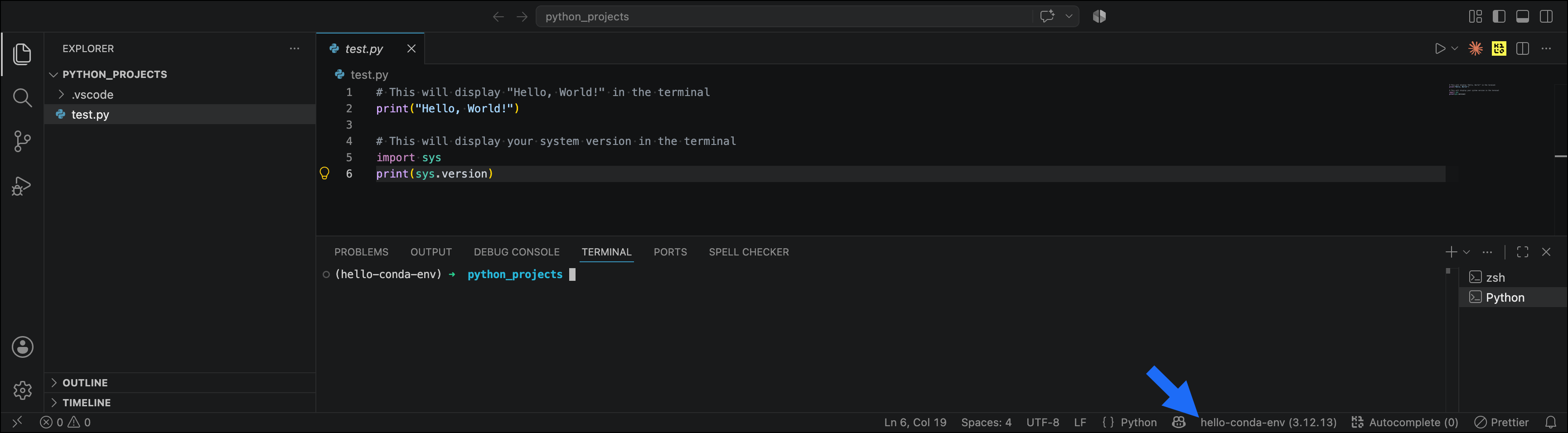 VS Code status bar showing the selected conda environment as the Python interpreter in the bottom right corner