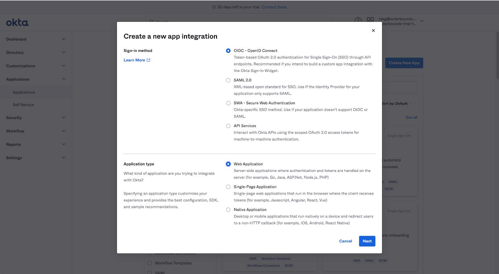 The Okta Create a new app integration dialog showing OIDC and SAML 2.0 sign-in method options