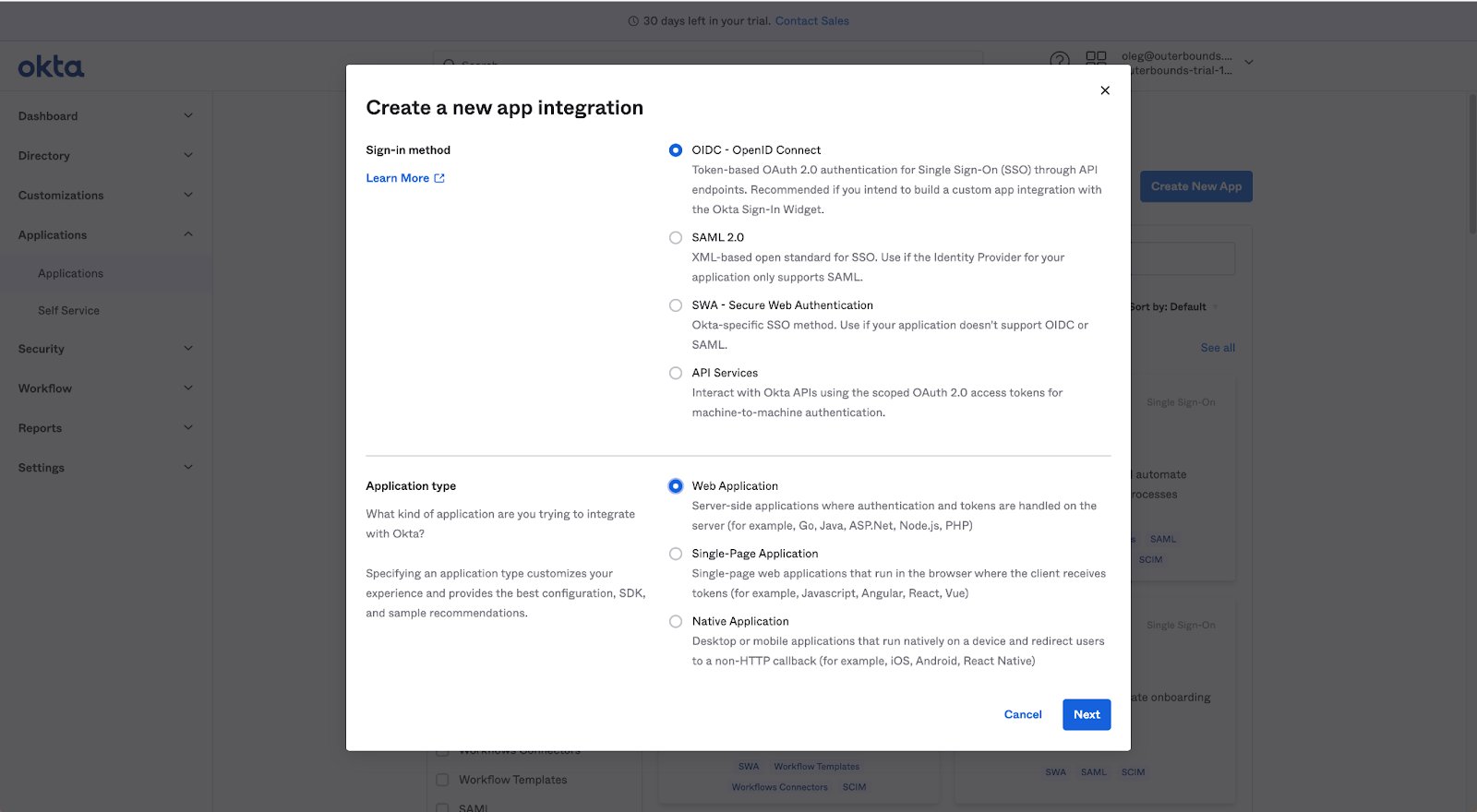 The Okta Create a new app integration dialog showing OIDC and SAML 2.0 sign-in method options