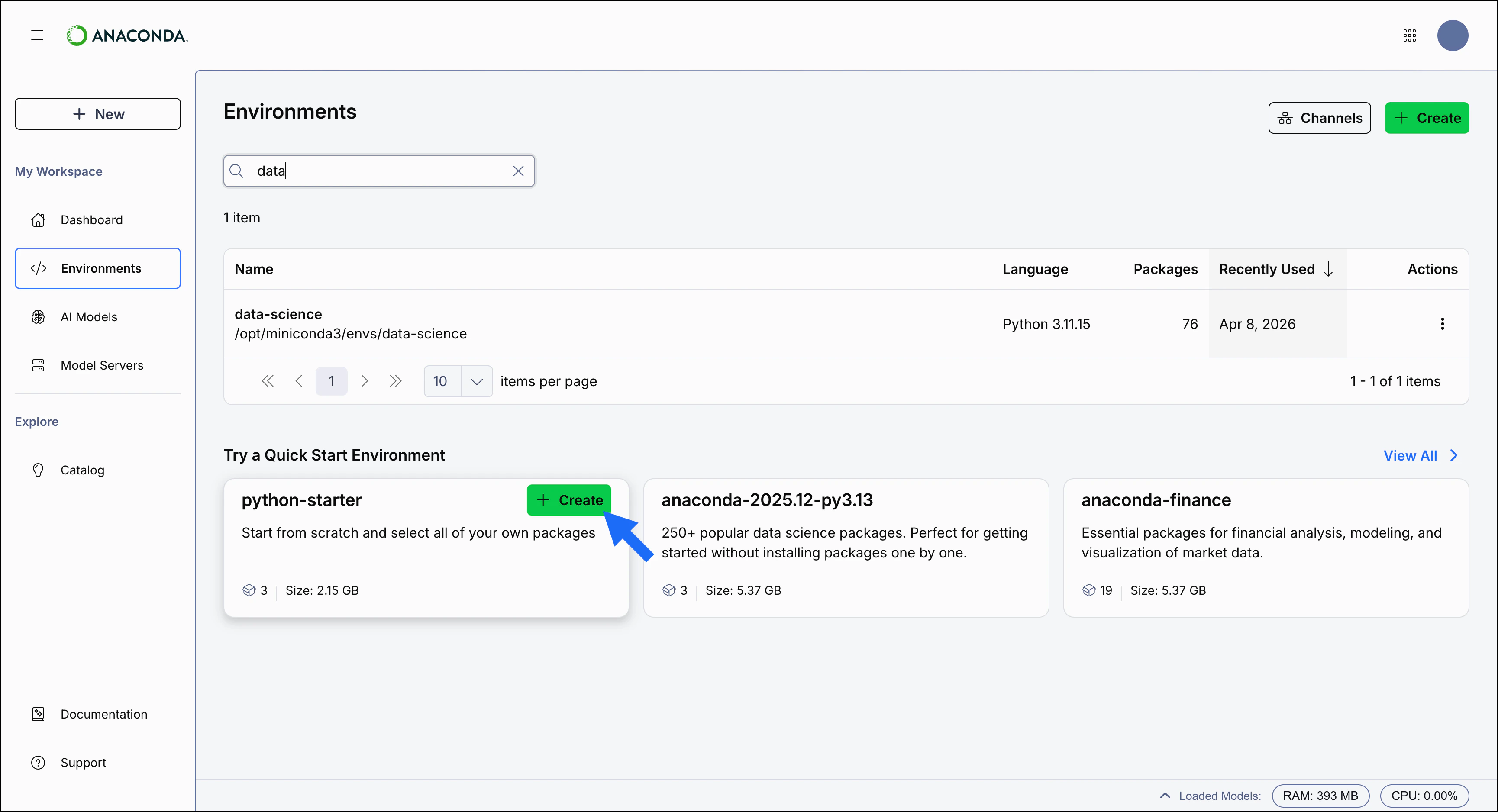 Anaconda Desktop showing the create button for the anaconda-finance quick start environment card