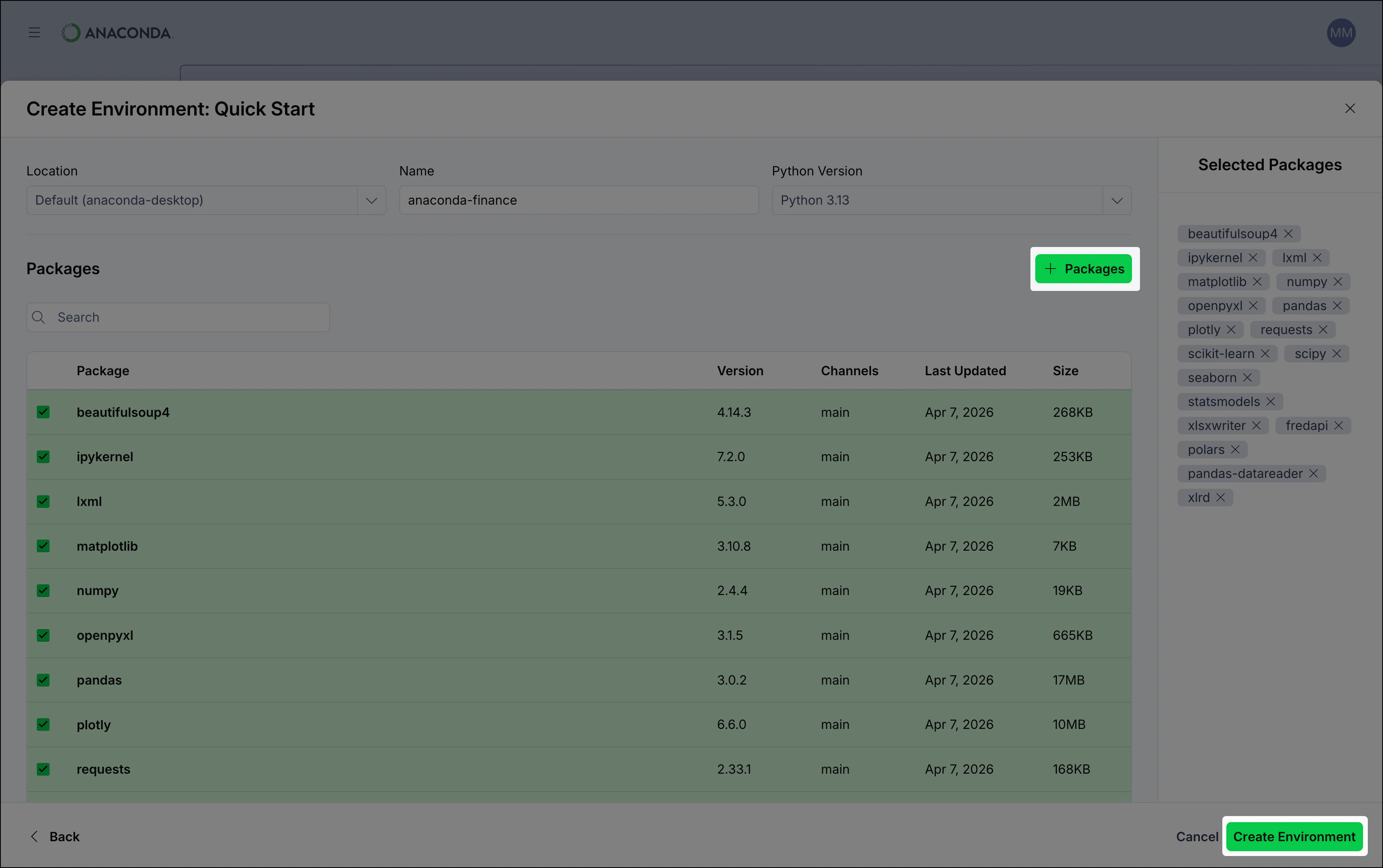 Anaconda Desktop showing the details page for the anaconda-finance quick start environment