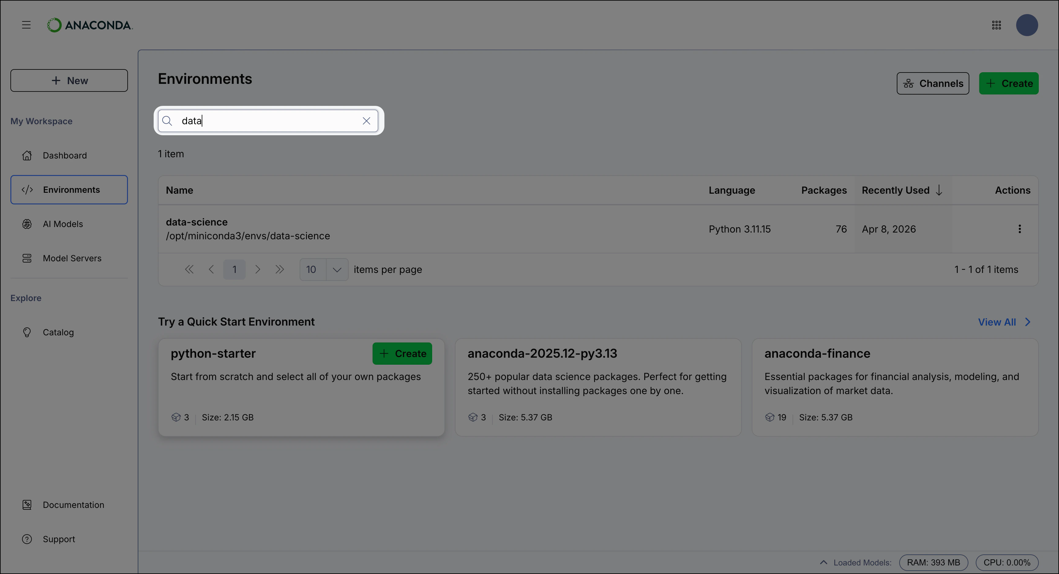 Anaconda Desktop showing the search box for environments